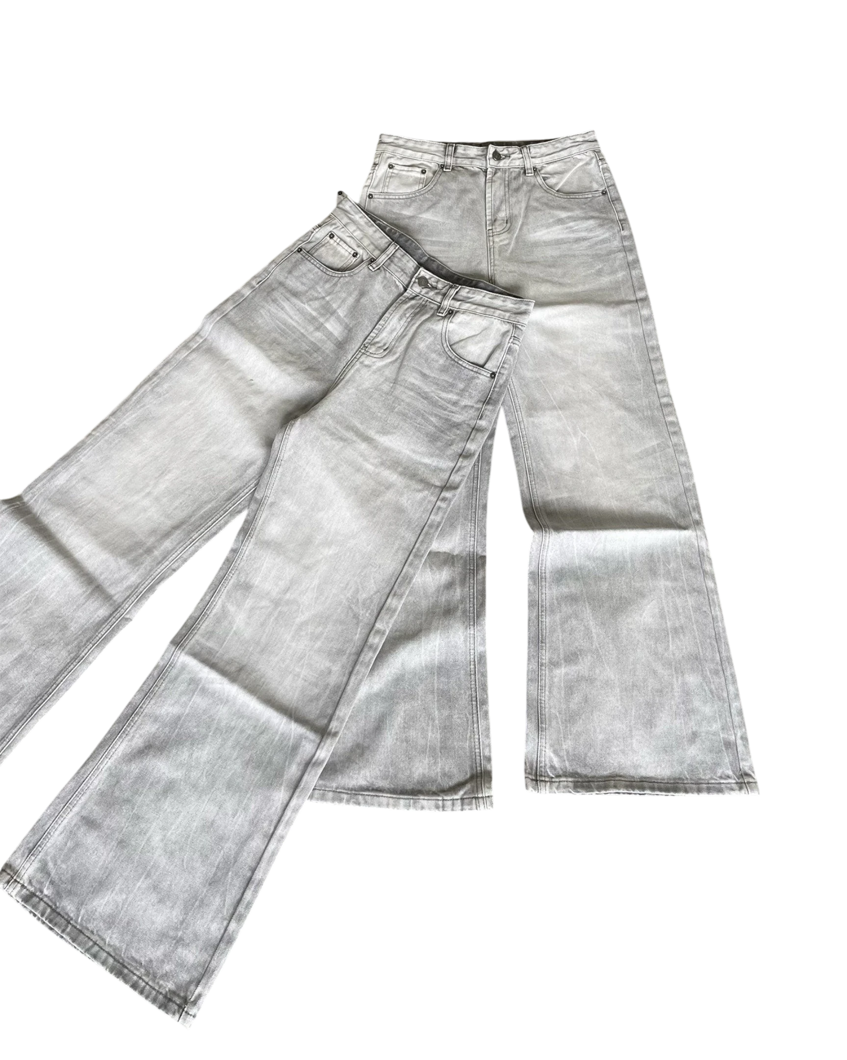 Vicious wide-leg straight-leg jeans in a vintage washed gray denim with distressed cat whisker detailing