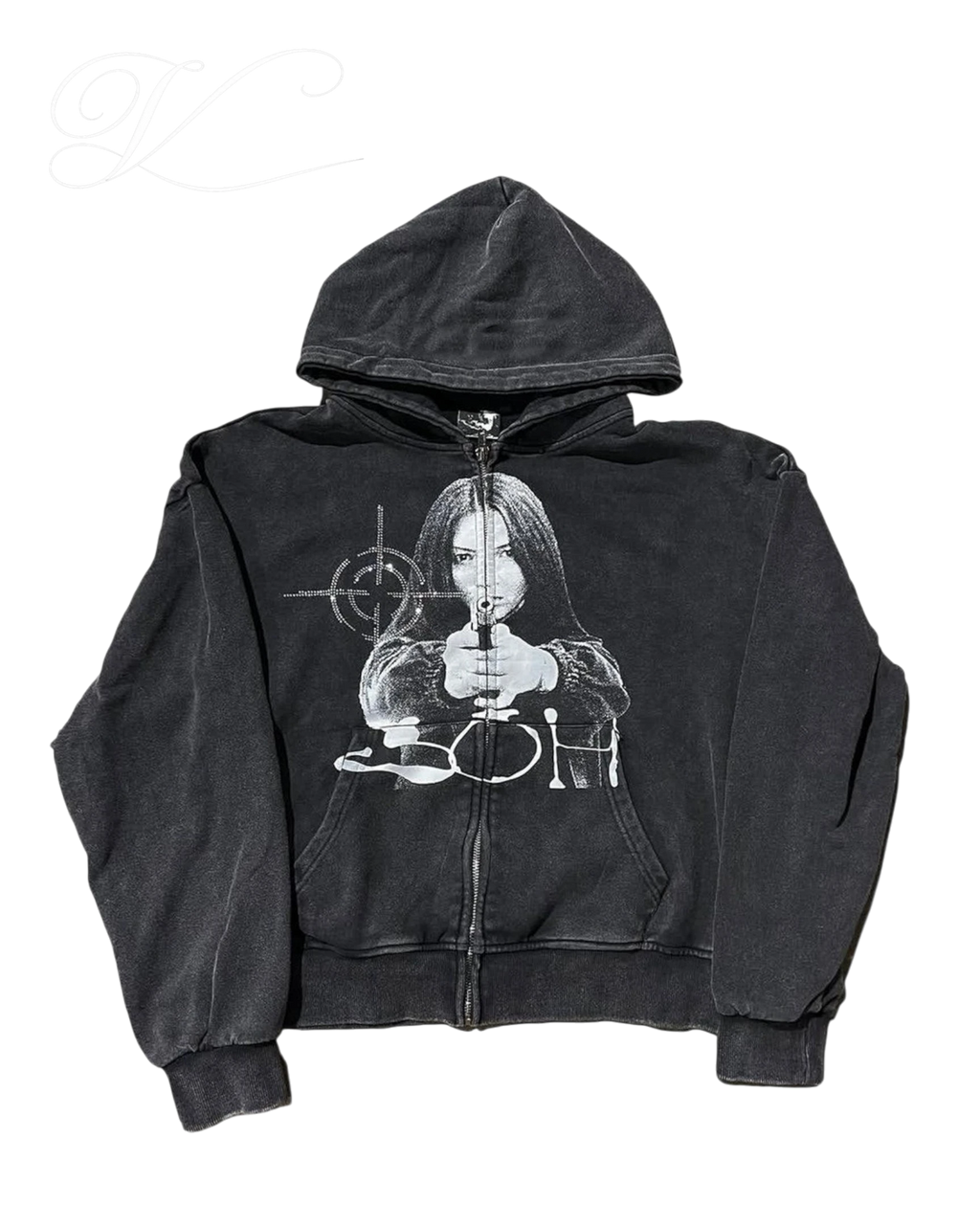 Vicious vintage washed black zip-up hoodie with distressed finish and rhinestone graphic print of a woman with a gun