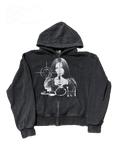 Vicious vintage washed black zip-up hoodie with distressed finish and rhinestone graphic print of a woman with a gun