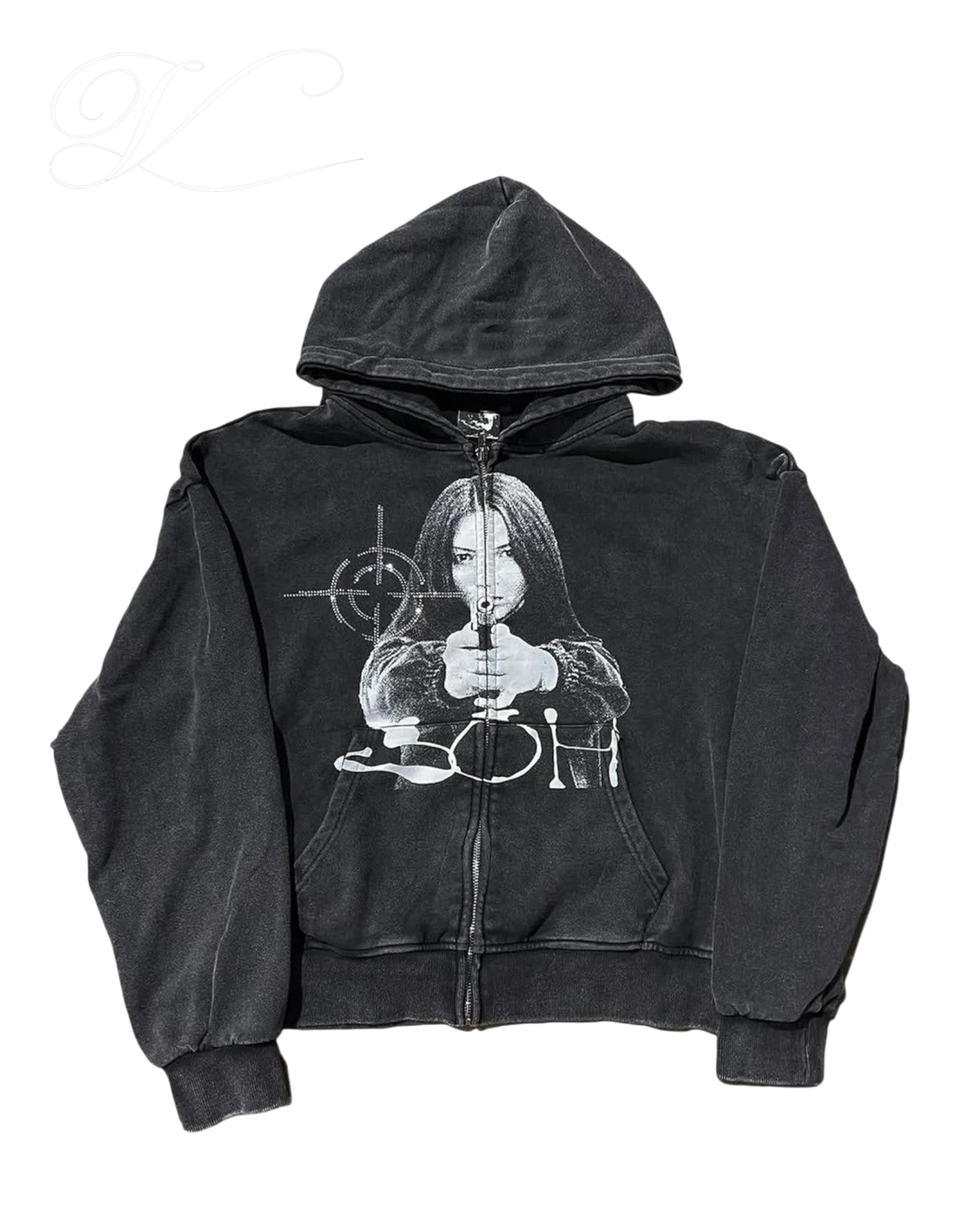 Vicious vintage washed black zip-up hoodie with distressed finish and rhinestone graphic print of a woman with a gun