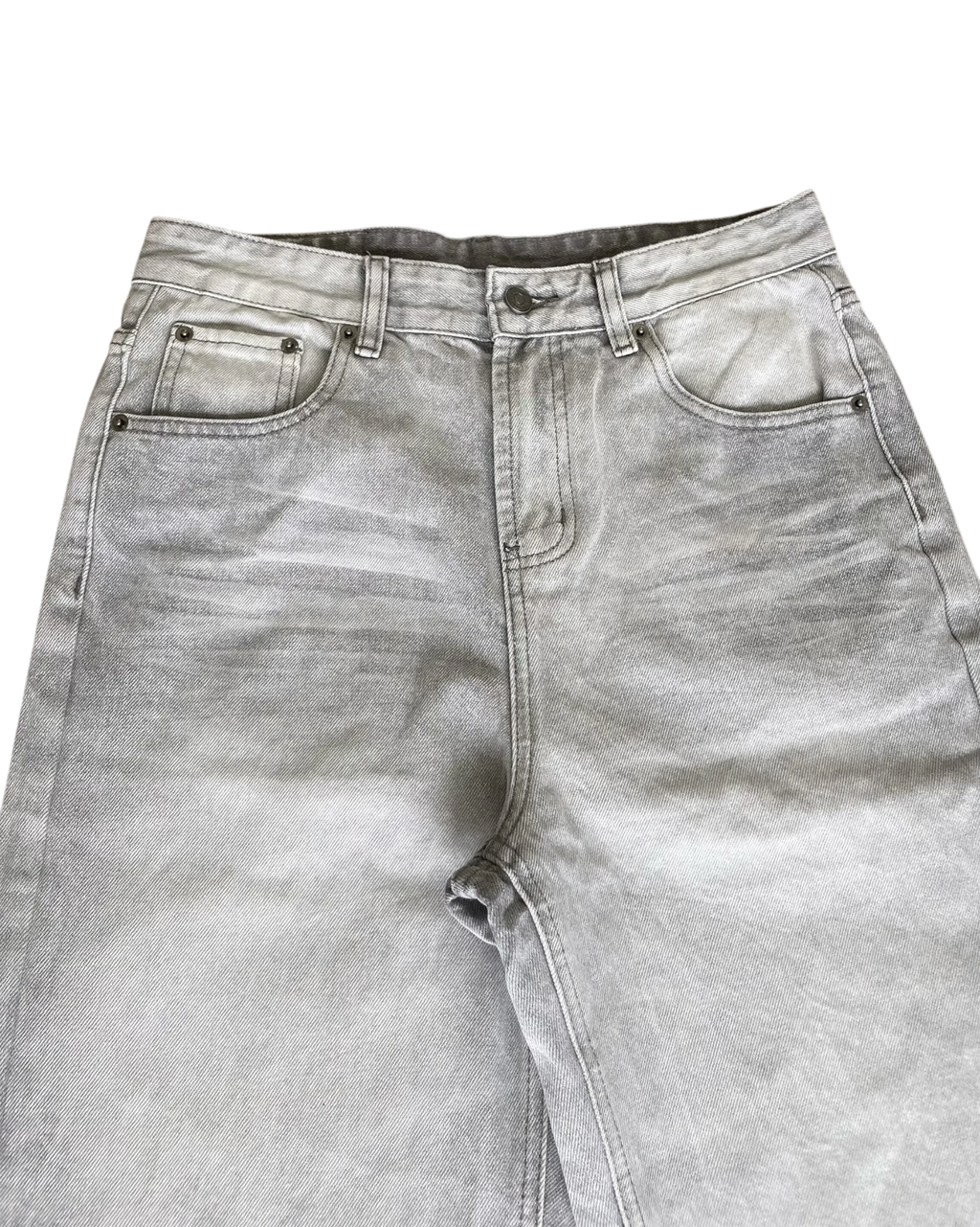 Vicious vintage white and gray washed distressed wide-leg jeans with cat whisker detailing