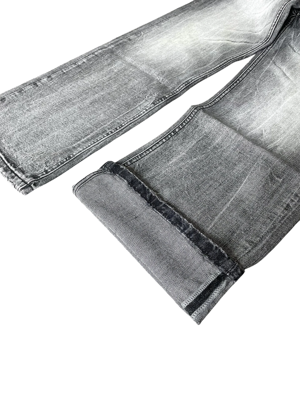 Vicious vintage black and gray washed denim jeans with distressed cat whisker details and a wide-leg straight cut.