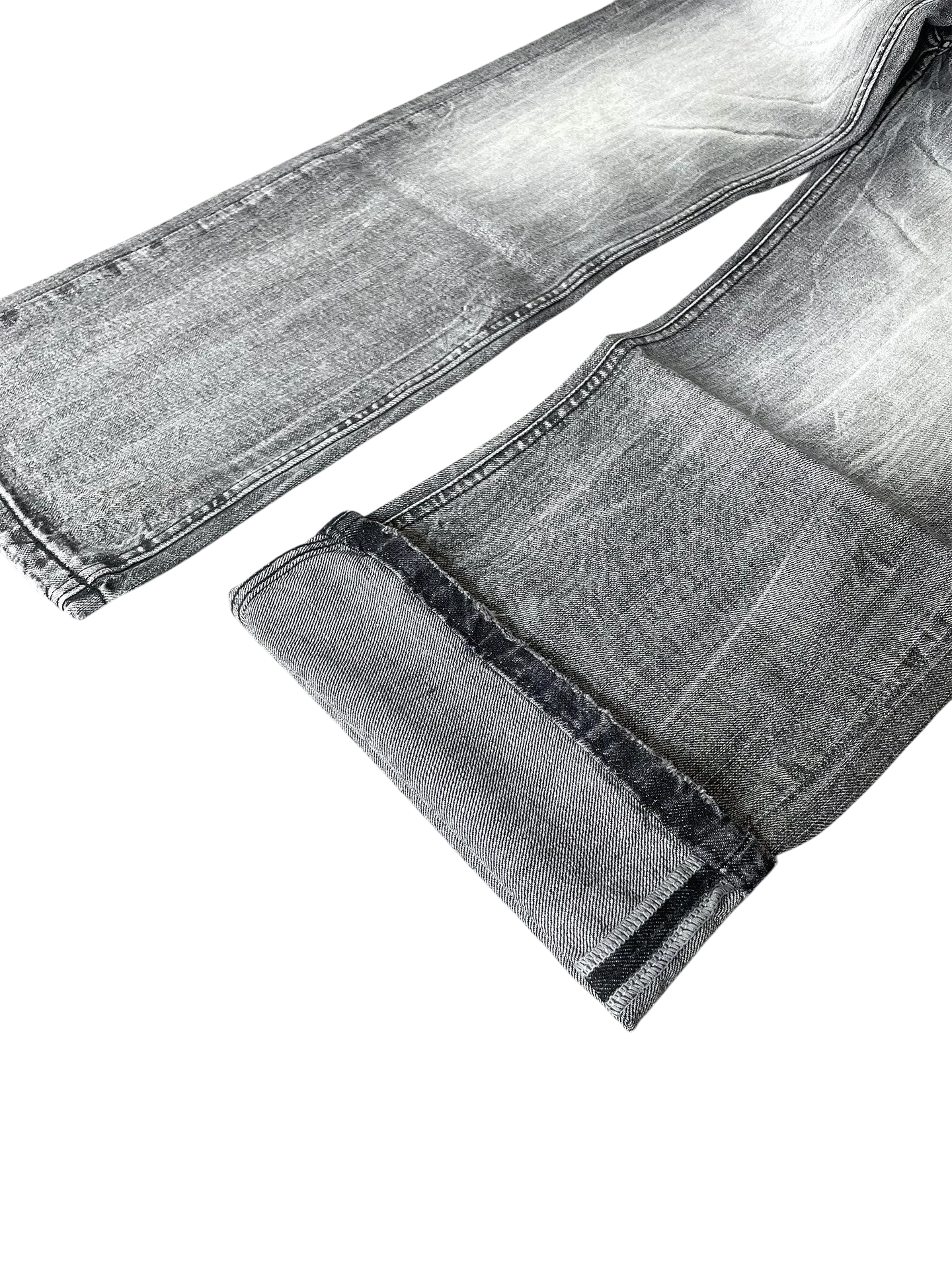 Vicious vintage black and gray washed denim jeans with distressed cat whisker details and a wide-leg straight cut.