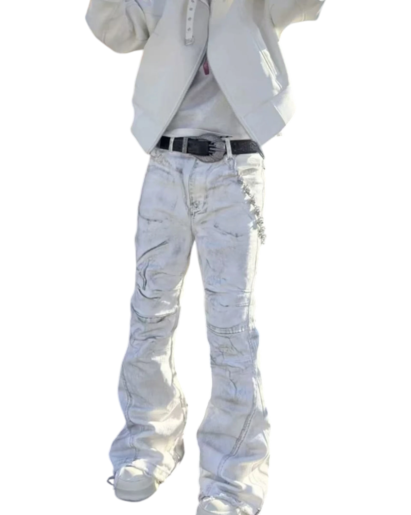 Vicious men's vintage white flared jeans with raw edges and gradient wash, styled with a black belt and white jacket.