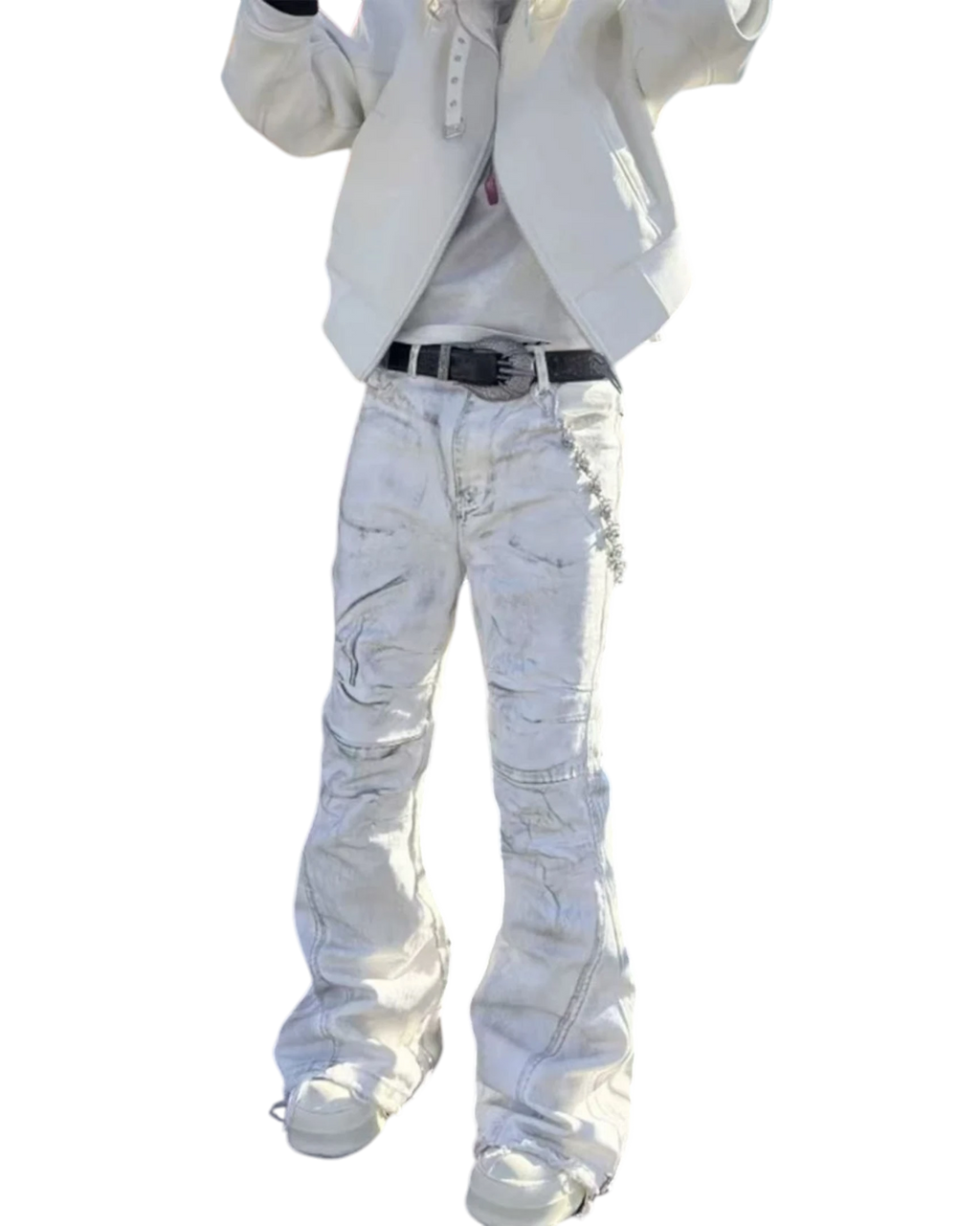 Vicious men's vintage white flared jeans with raw edge detailing and distressed gradient wash in a high street style.