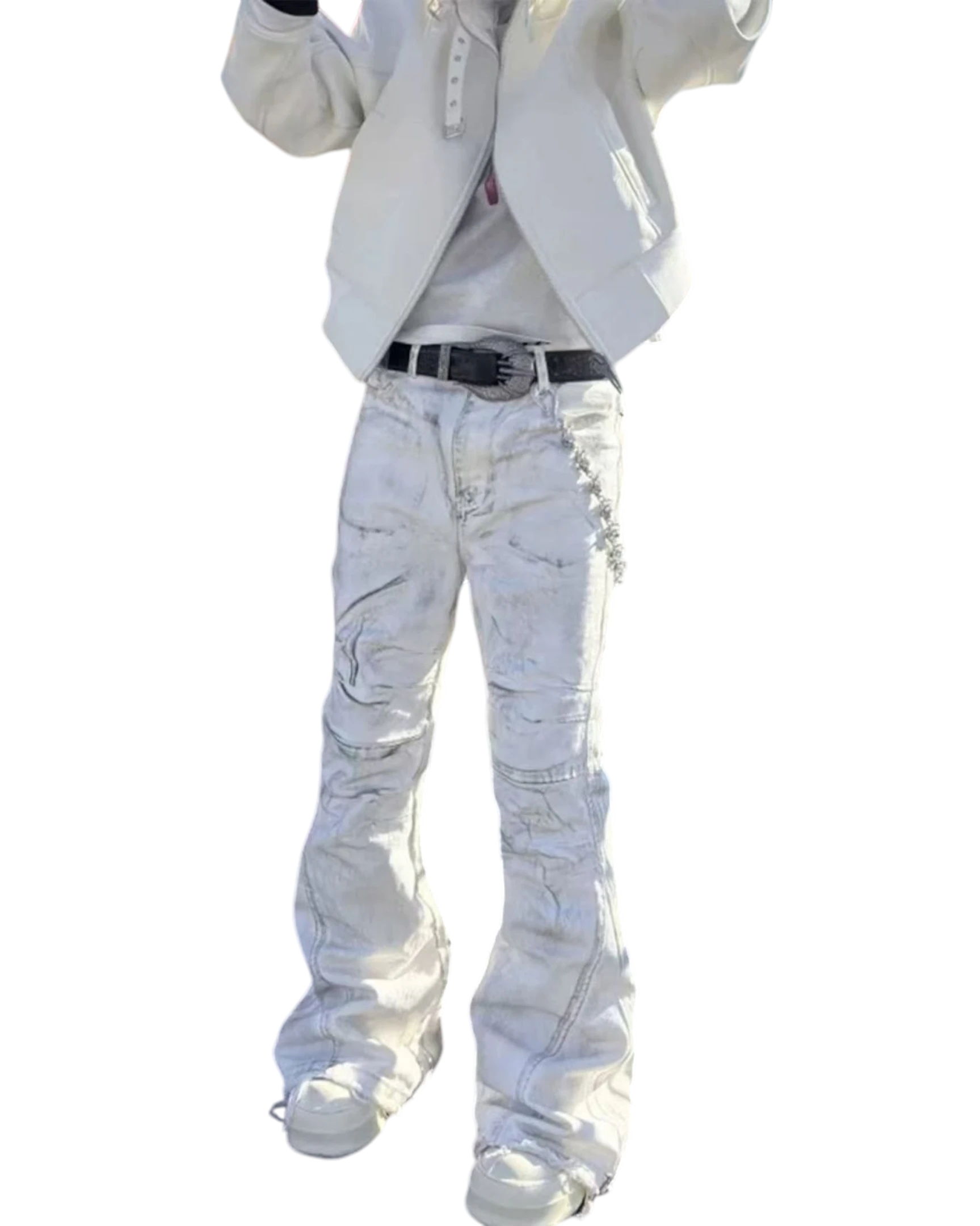 Vicious men's vintage white flared jeans with raw edge detailing and distressed gradient wash in a high street style.
