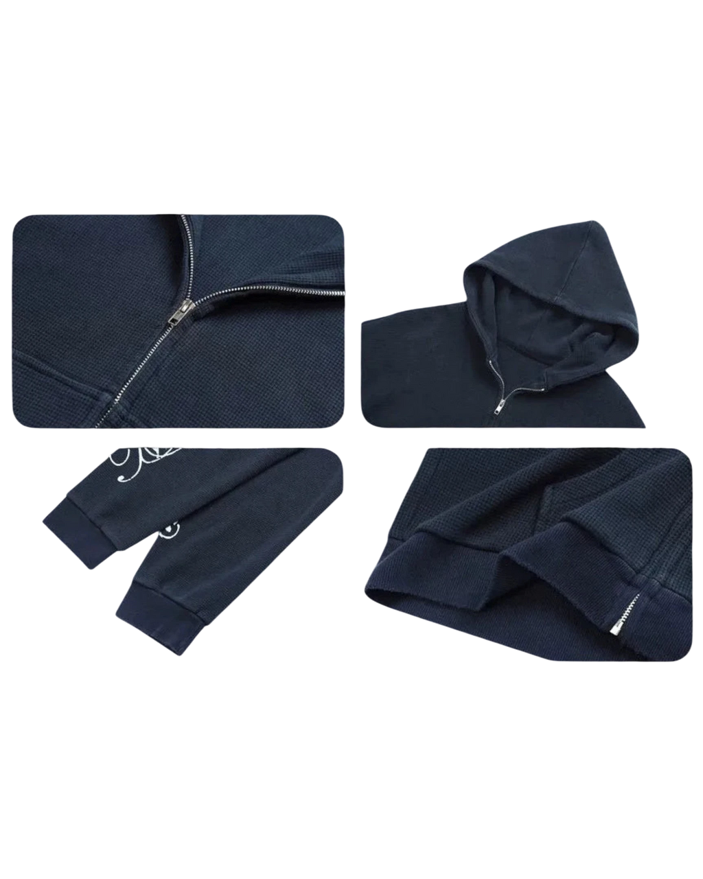 Vicious Waffle Hoodie in Dunkelblau mit Reißverschluss, Waffelstrick-Struktur und Cursive-Schriftzug auf den Ärmeln.