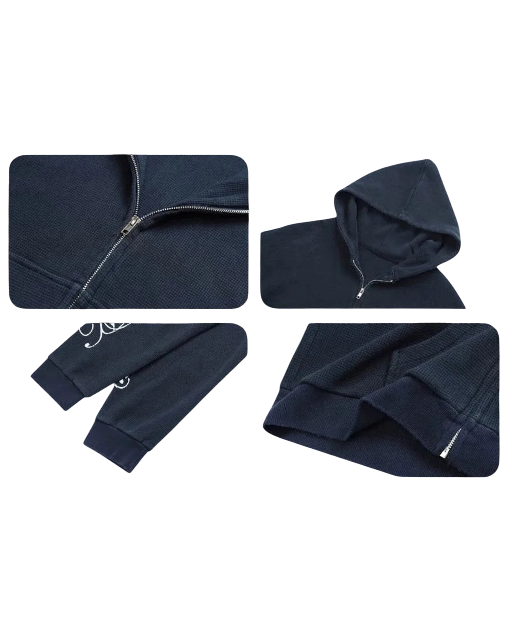 Vicious Waffle Hoodie in Dunkelblau mit Reißverschluss, Waffelstrick-Struktur und Cursive-Schriftzug auf den Ärmeln.