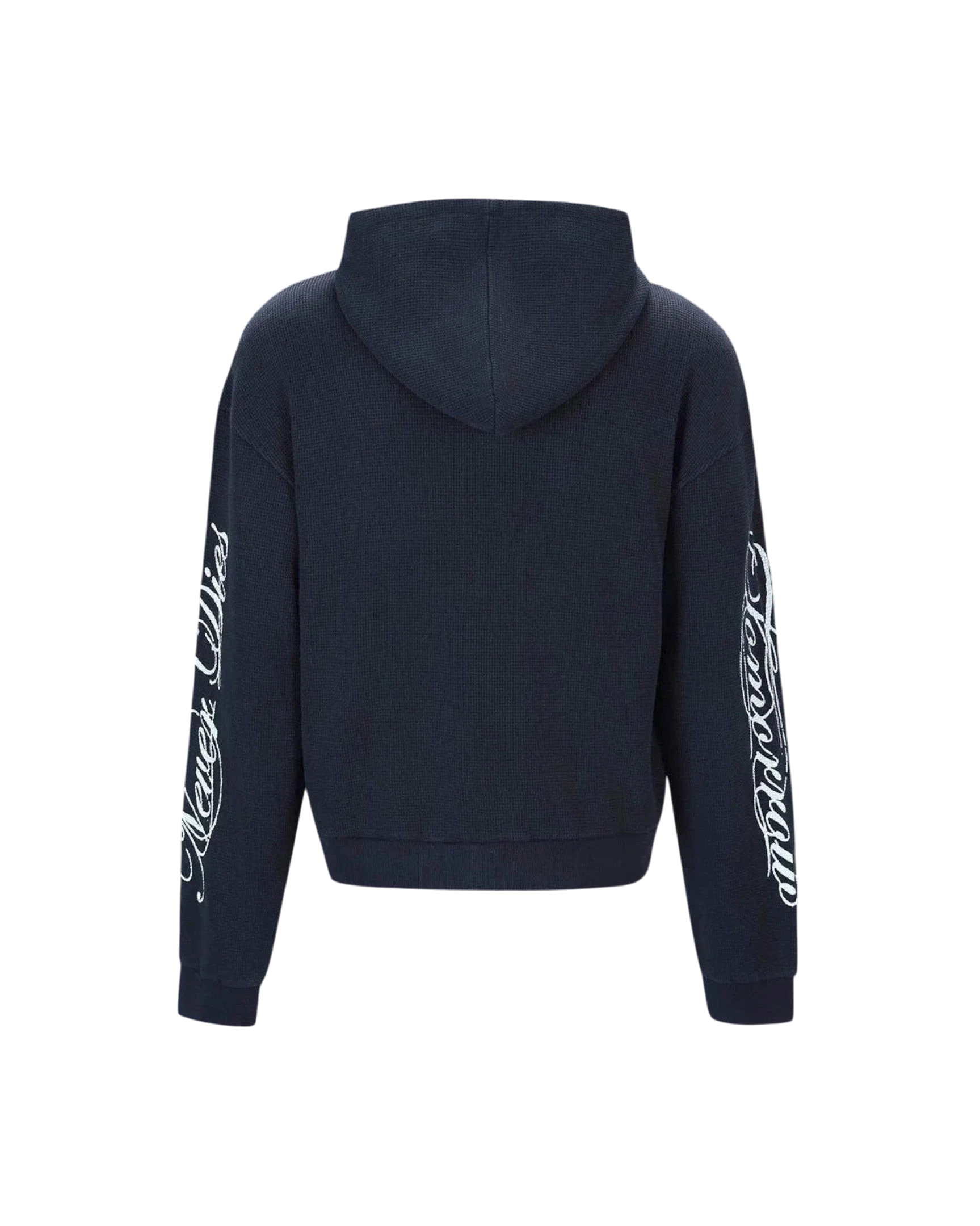 Vicious Waffle Hoodie in Dunkelblau mit Oversized-Passform, Distressed-Details und weißem Cursive-Schriftzug am Ärmel