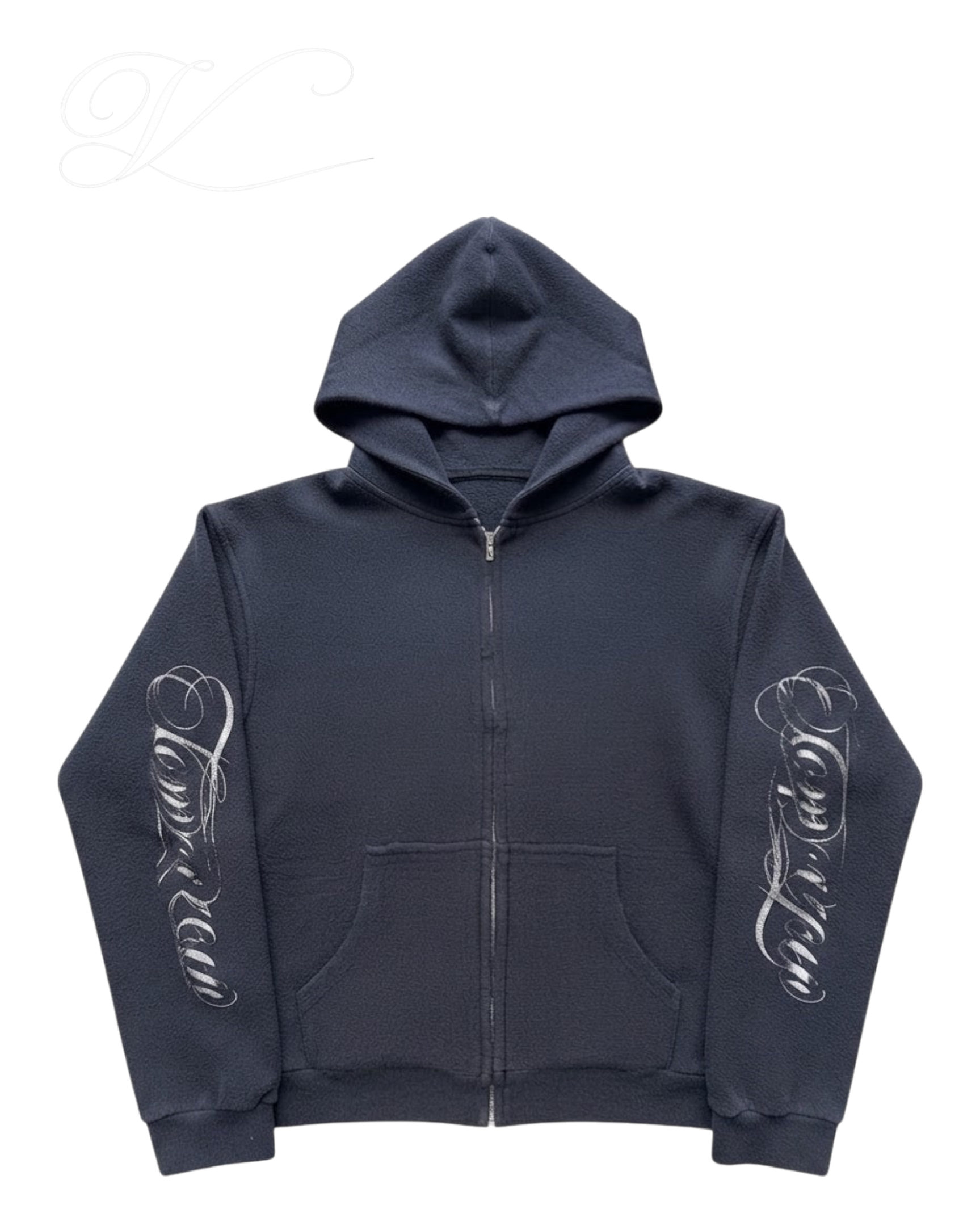 Vicious oversized waffle-knit zip-up hoodie in dark grey with distressed details and cursive sleeve lettering.