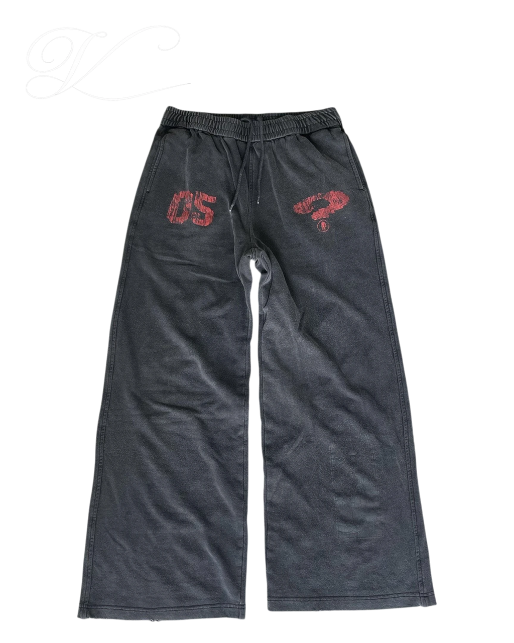 Vicious baggy heavyweight sweatpants in washed black with distressed red graphic prints and a loose straight-leg fit.