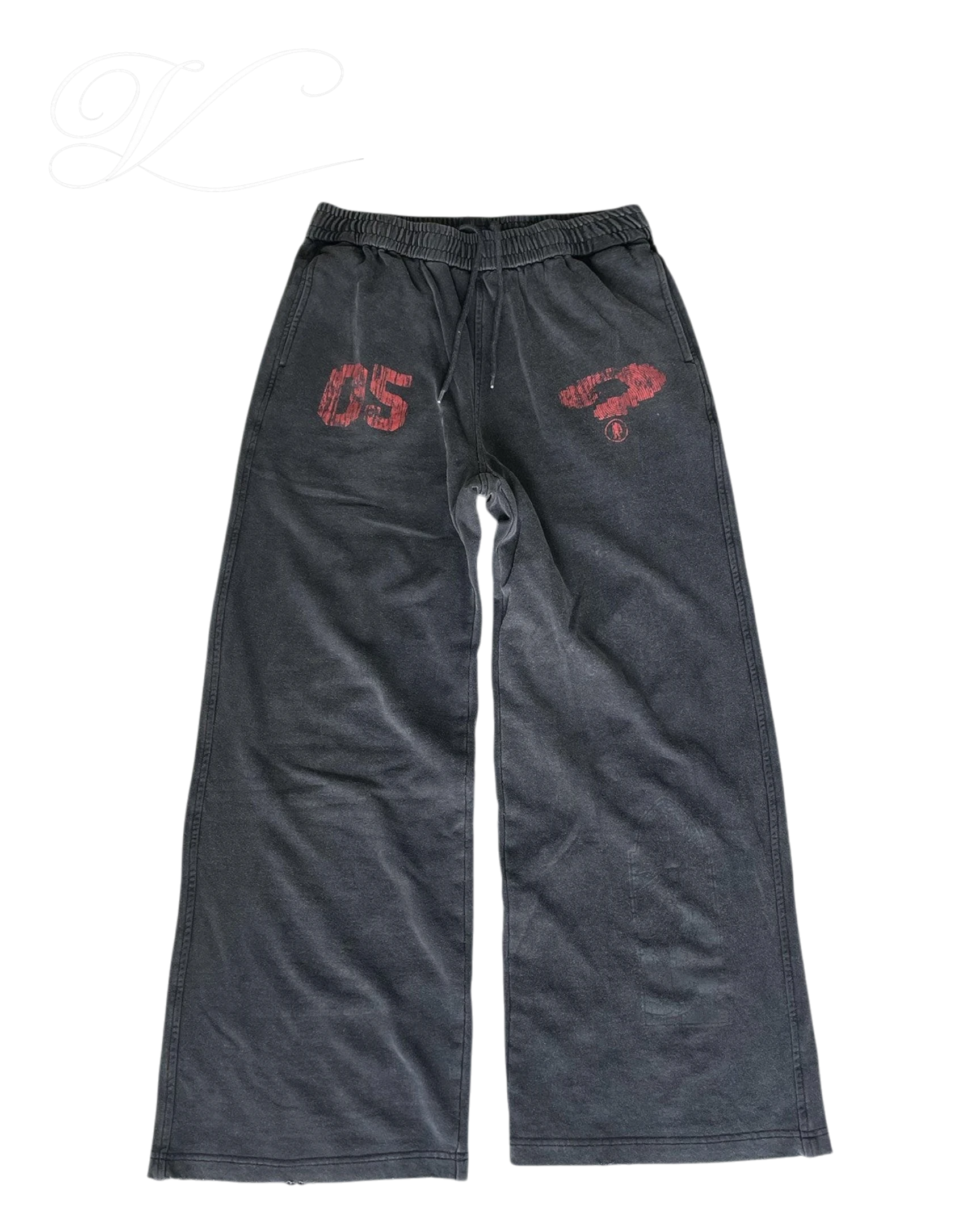 Vicious baggy heavyweight sweatpants in washed black with distressed red graphic prints and a loose straight-leg fit.