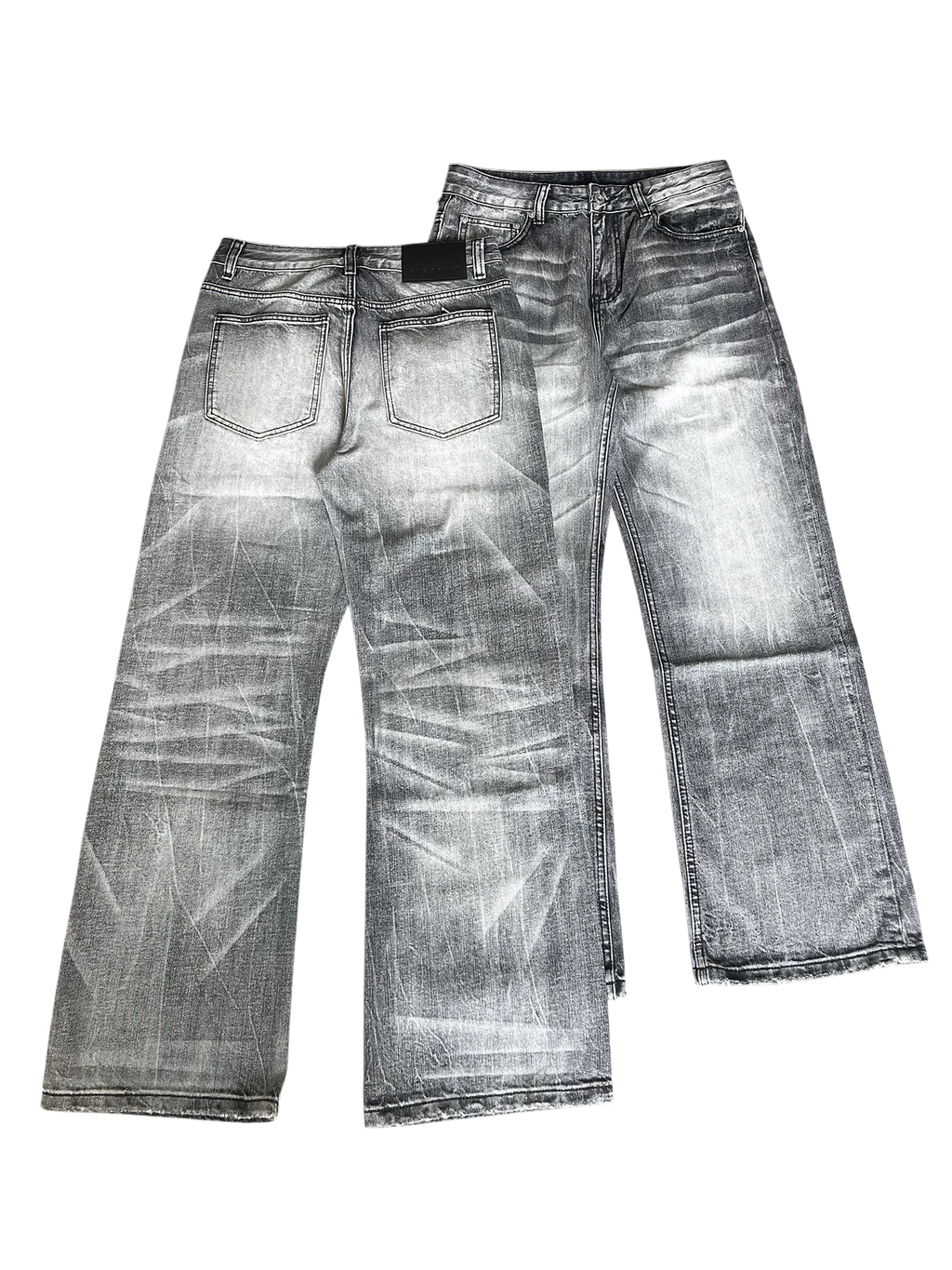 Vicious wide-leg jeans in washed black and gray denim with distressed cat whisker detailing and a vintage finish.