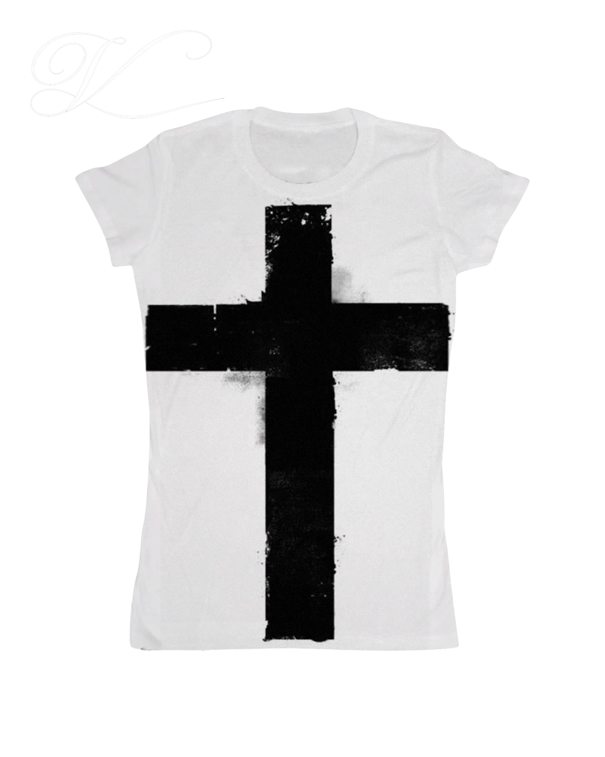 Vicious Washed Cross Tee in white with a large black distressed cross graphic print, short sleeves, and round neck.
