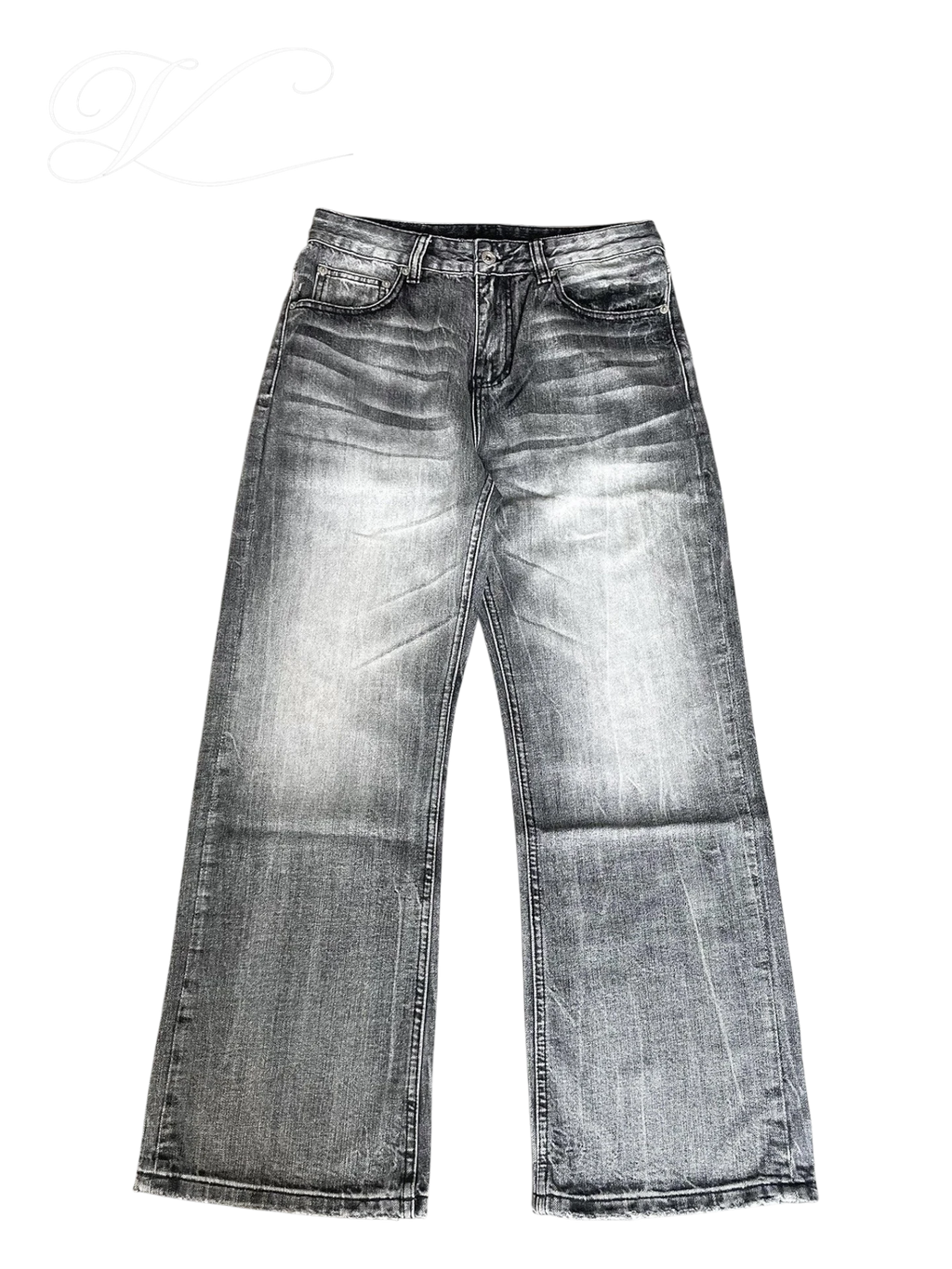 Vicious washed black and gray wide-leg jeans with vintage distressed cat whisker detailing and straight-leg fit