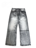 Vicious washed black and gray wide-leg jeans with vintage distressed cat whisker detailing and straight-leg fit