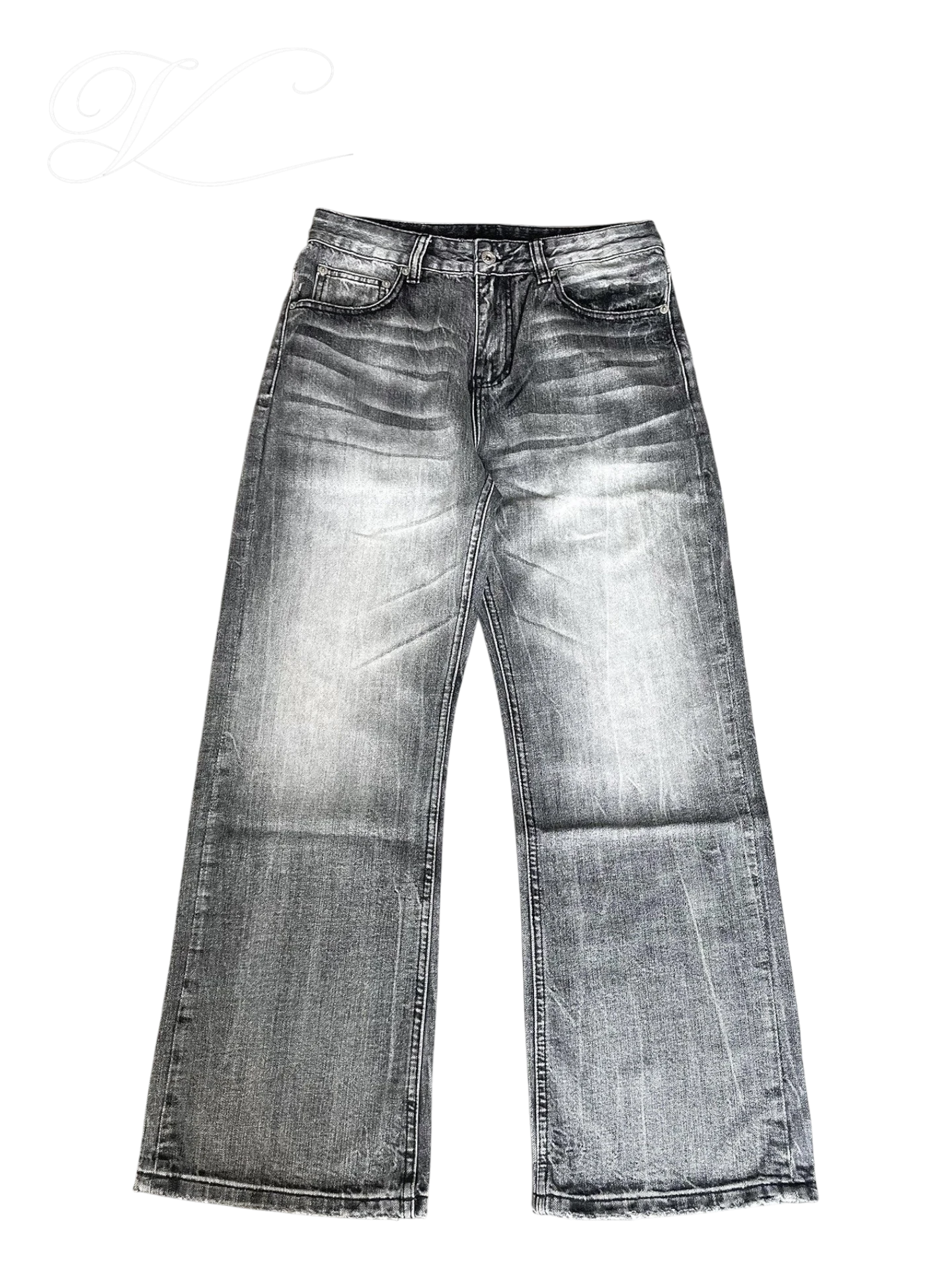 Vicious washed black and gray wide-leg jeans with vintage distressed cat whisker detailing and straight-leg fit