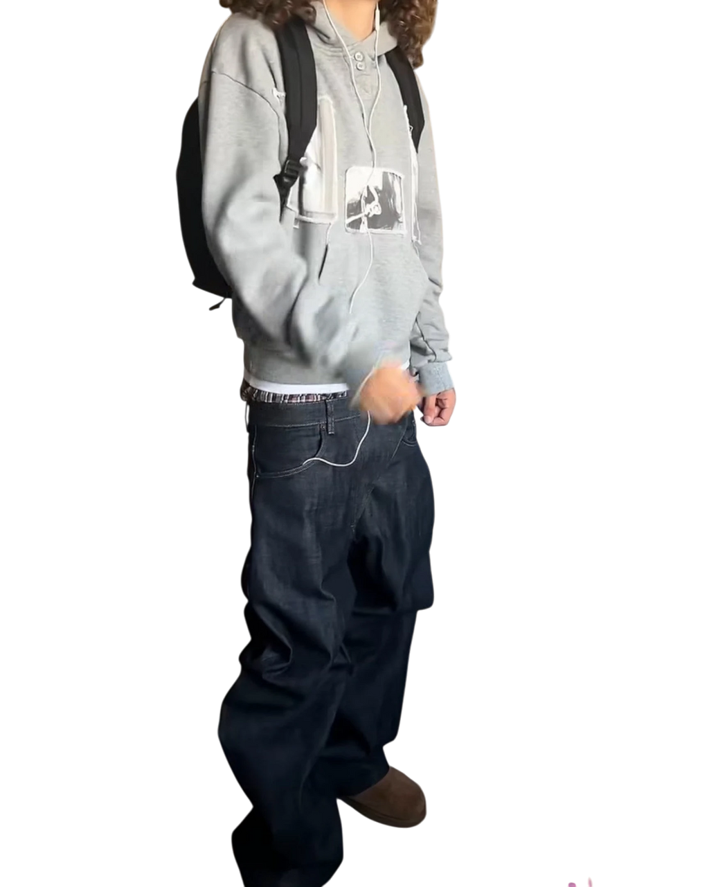Vicious washed grey hooded sweatshirt with patchwork appliqué and vintage buttons worn by a person with a backpack