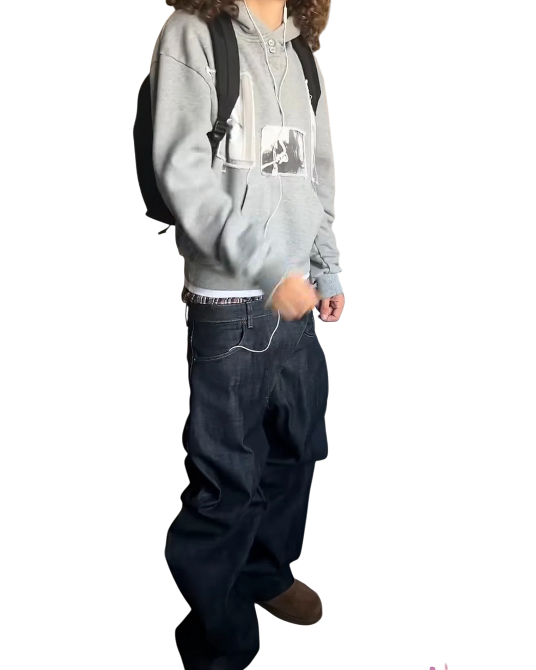 Vicious washed grey hooded sweatshirt with patchwork appliqué and vintage buttons worn by a person with a backpack
