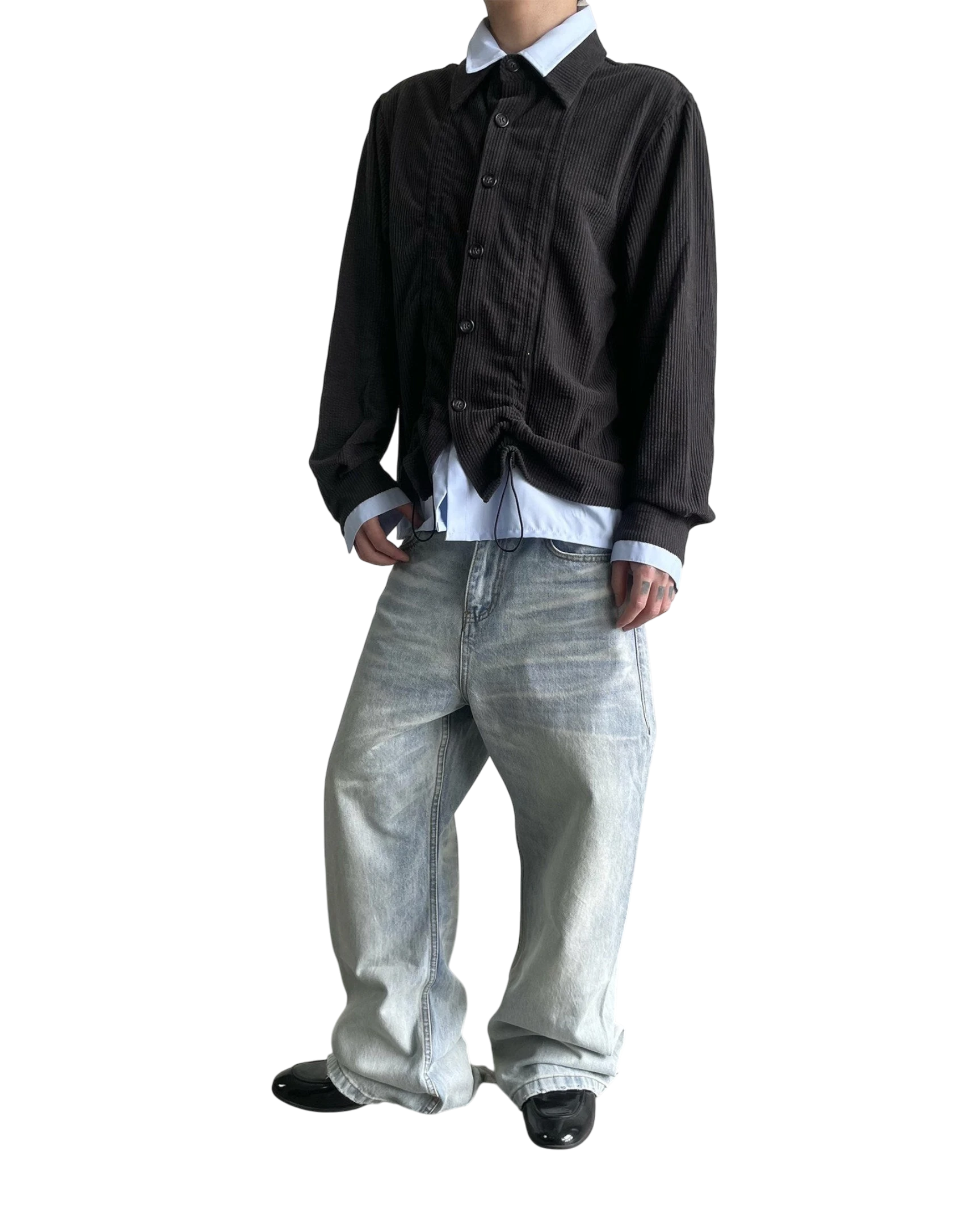 Vicious NIETPXFO washed ice blue vintage wide-leg jeans with cat whisker detailing worn with a black corduroy shirt