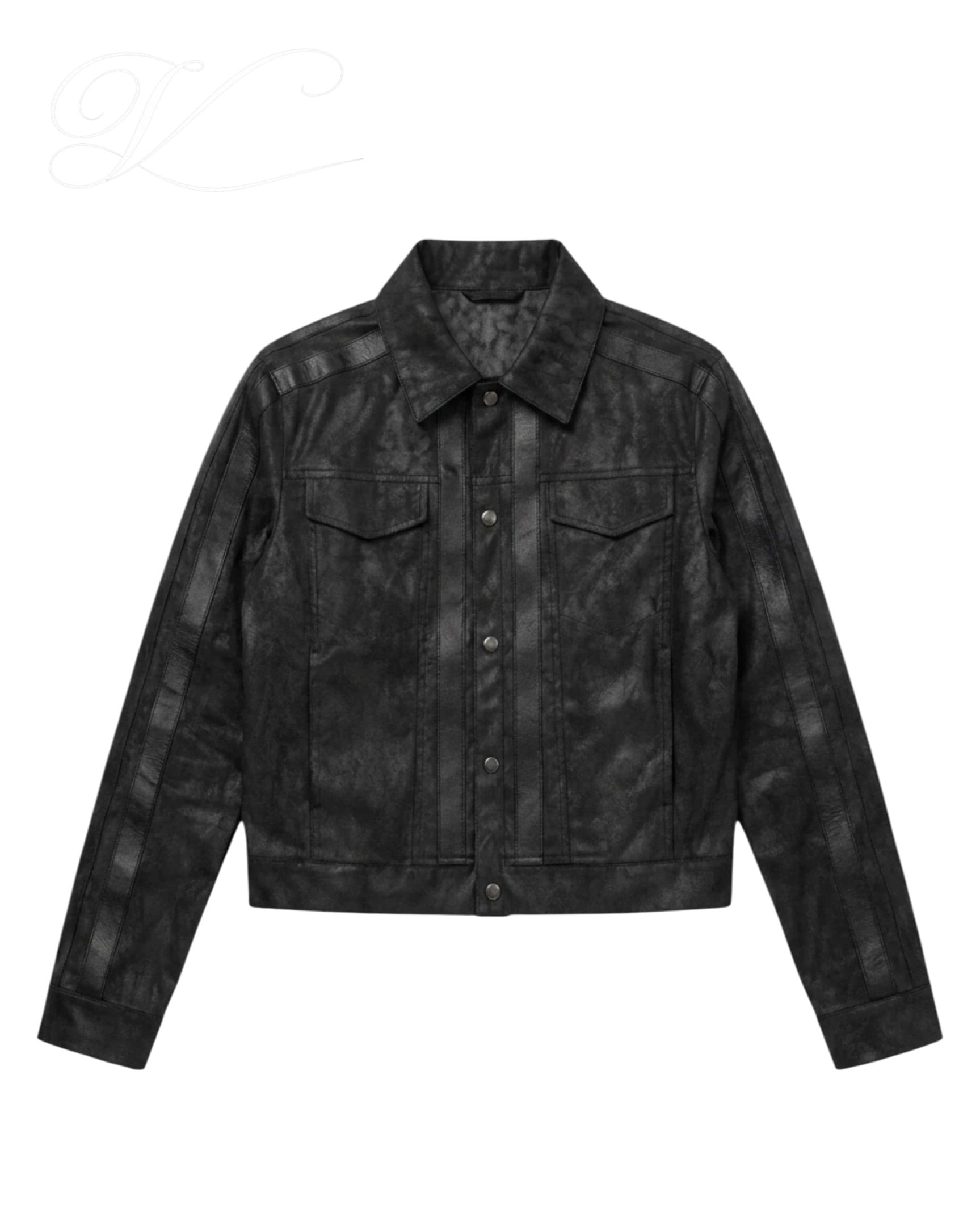 Vicious waxed trucker jacket in black with a crackle finish, silver snap buttons, and vertical stripe detailing.
