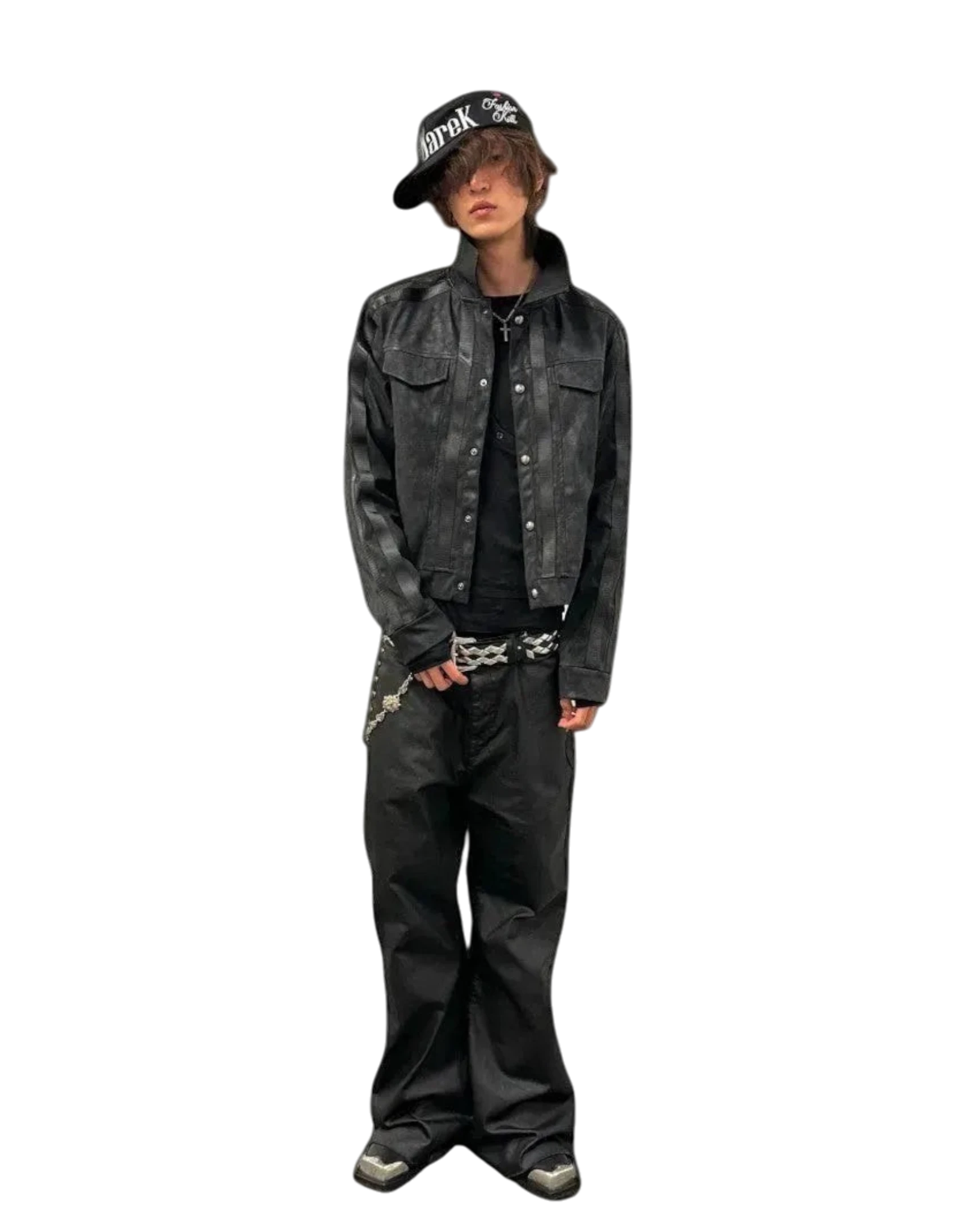 Model wearing a Vicious black waxed faux leather trucker jacket with a boxy fit and vertical stripe detailing.