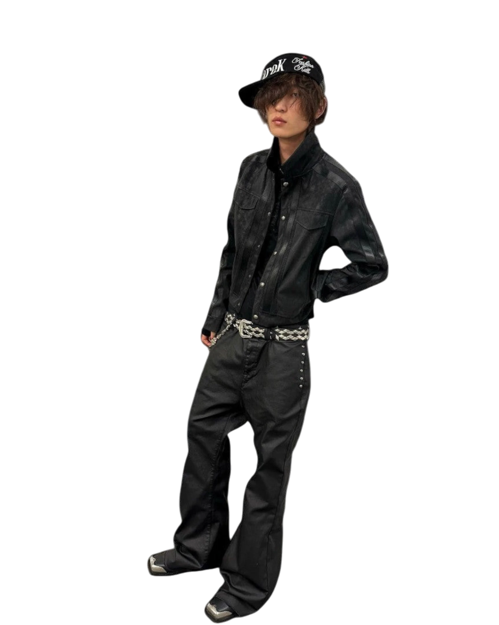 Model wearing a Vicious black waxed trucker jacket with a crackle finish, silver buttons, and vertical stripe details.