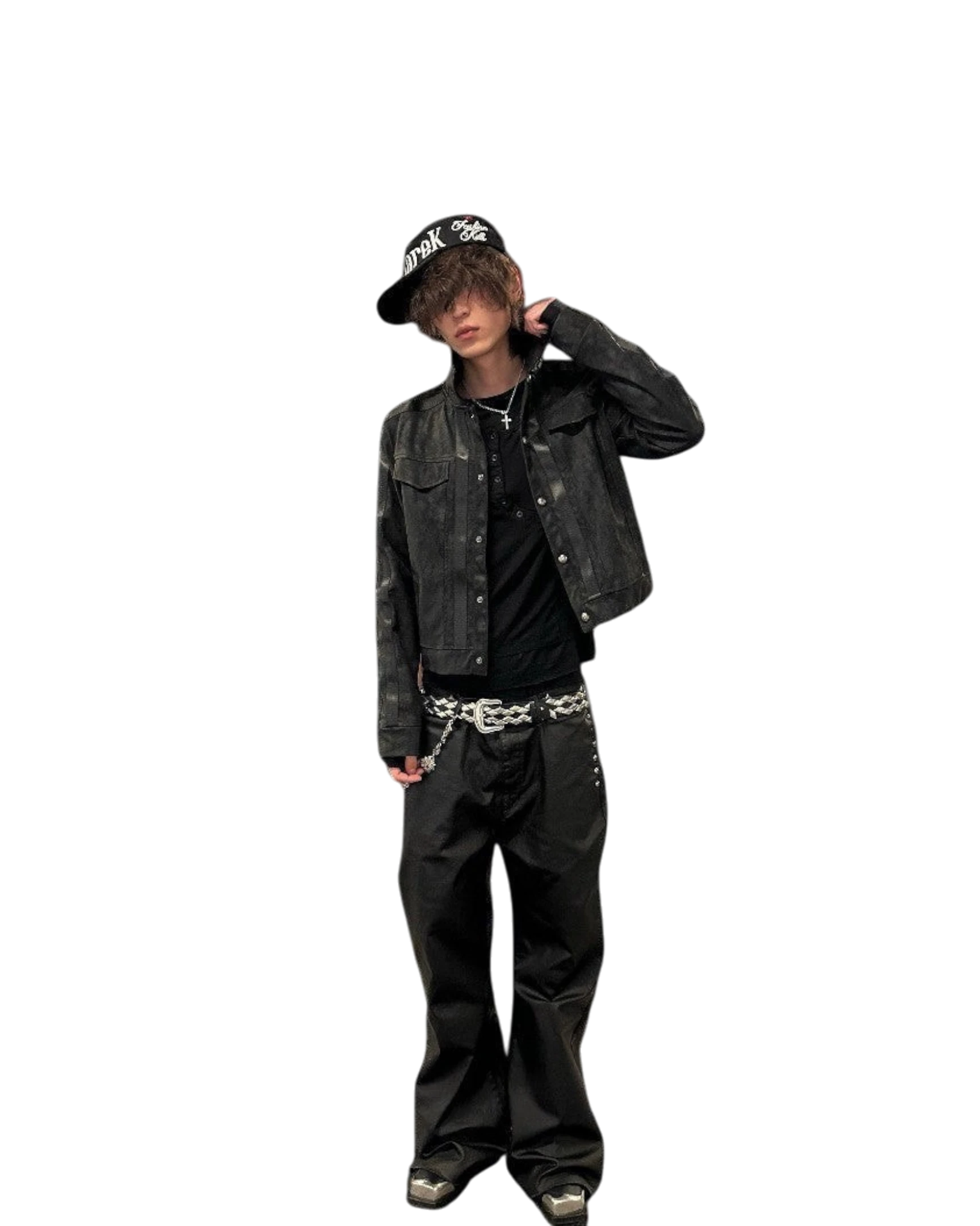 A model wearing a Vicious waxed trucker jacket with a crackle finish, silver buttons, and vertical stripe details.