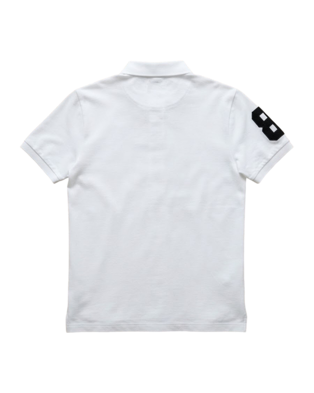 Vicious Peace & War white cotton polo shirt with a black number 8 print on the sleeve, back view.