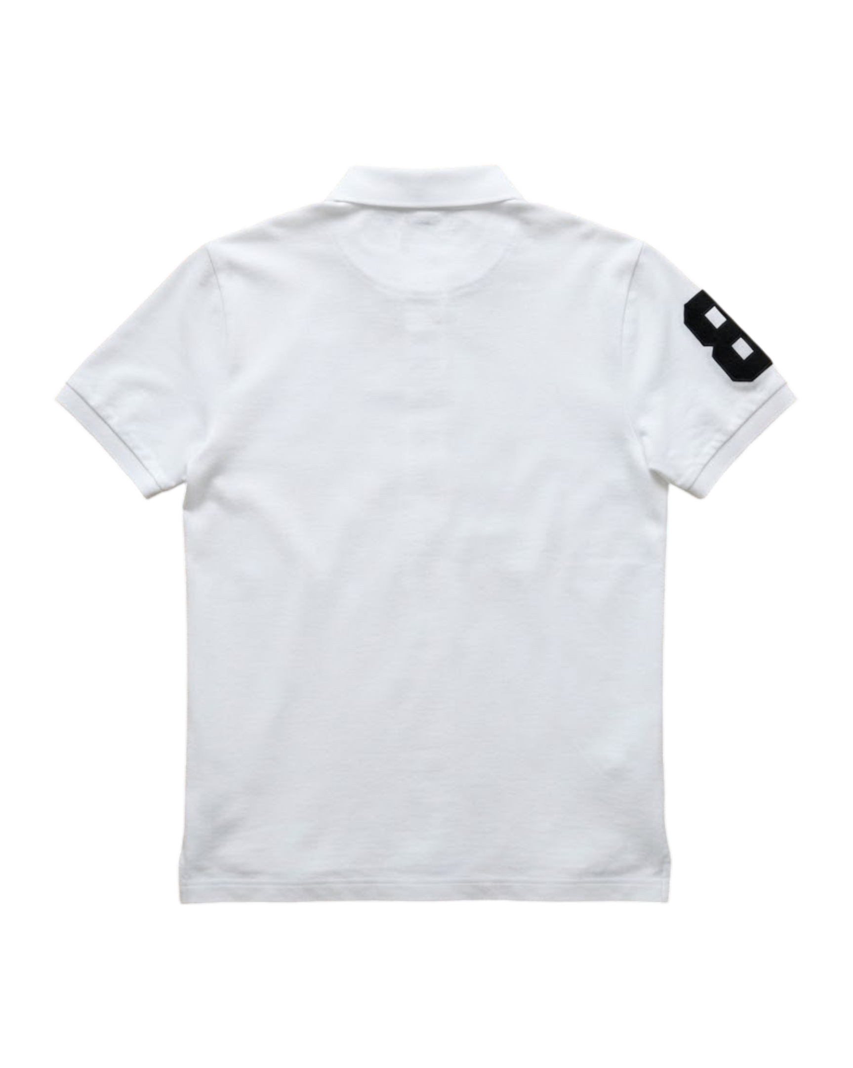 Vicious Peace & War white cotton polo shirt with a black number 8 print on the sleeve, back view.