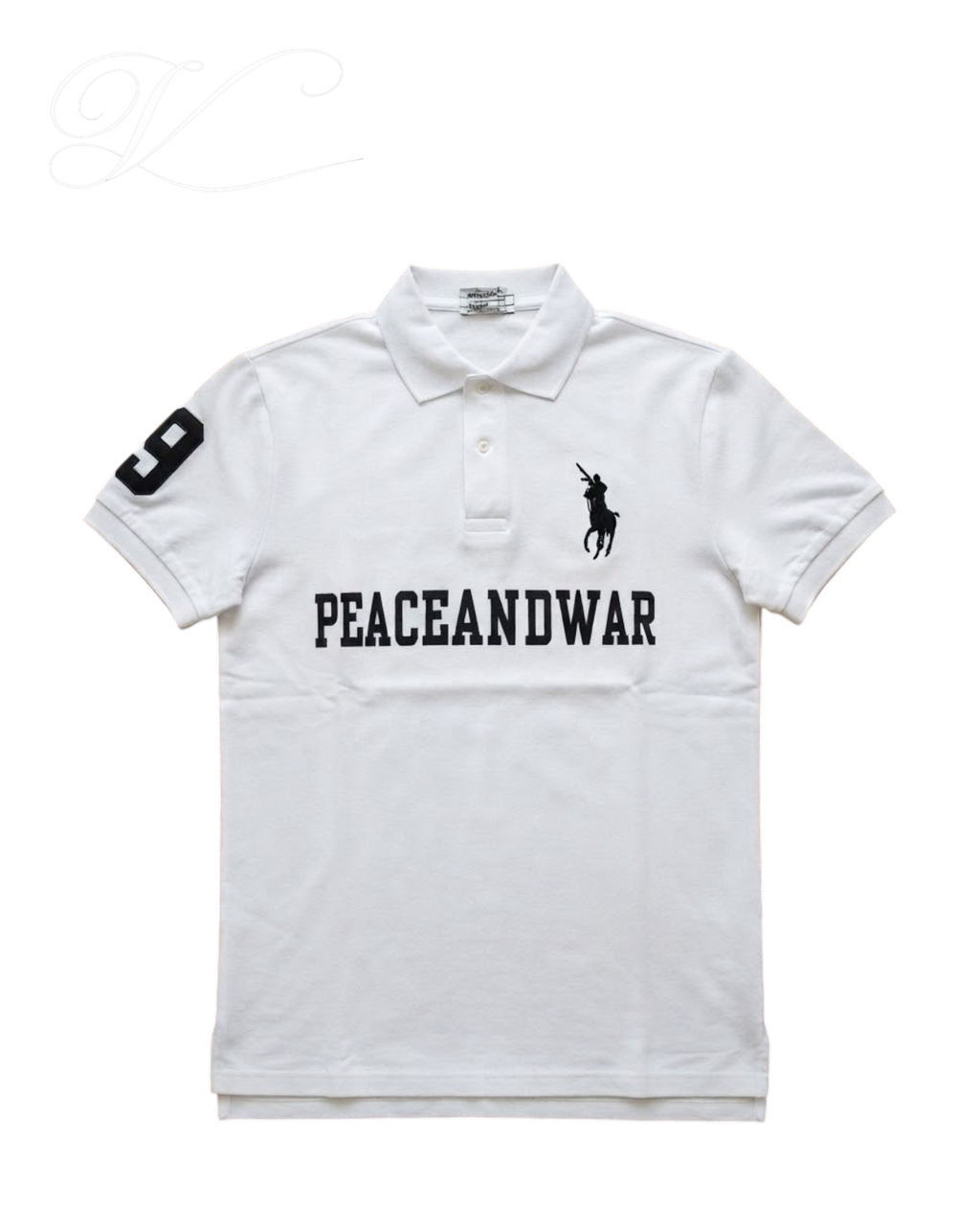 Vicious white cotton polo shirt featuring a black horse motif, PEACEANDWAR text, and number 8 print on the sleeve.