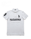 Vicious white cotton polo shirt featuring a black horse motif, PEACEANDWAR text, and number 8 print on the sleeve.