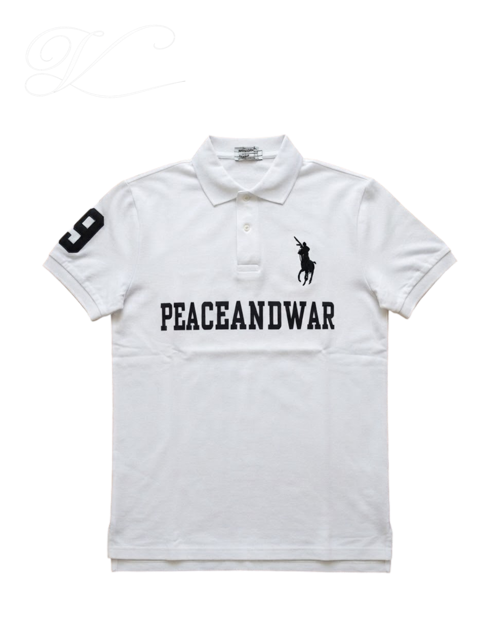 Vicious white cotton polo shirt featuring a black horse motif, PEACEANDWAR text, and number 8 print on the sleeve.