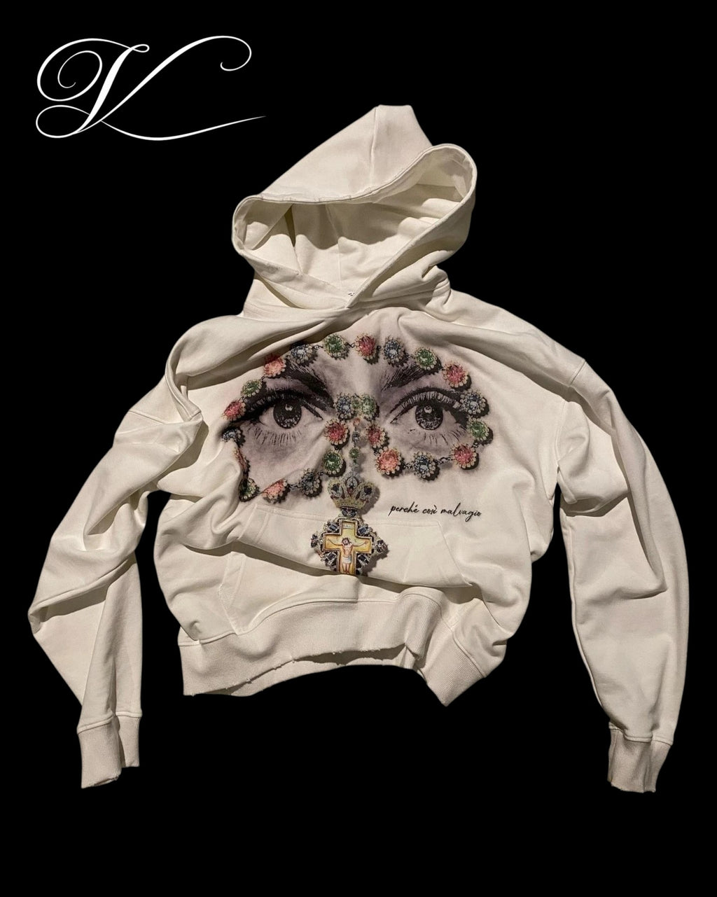 Vicious white hooded sweatshirt featuring a detailed graphic of eyes surrounded by a colorful diamond cross pattern