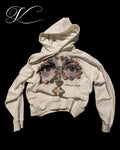 Vicious white hooded sweatshirt featuring a detailed graphic of eyes surrounded by a colorful diamond cross pattern