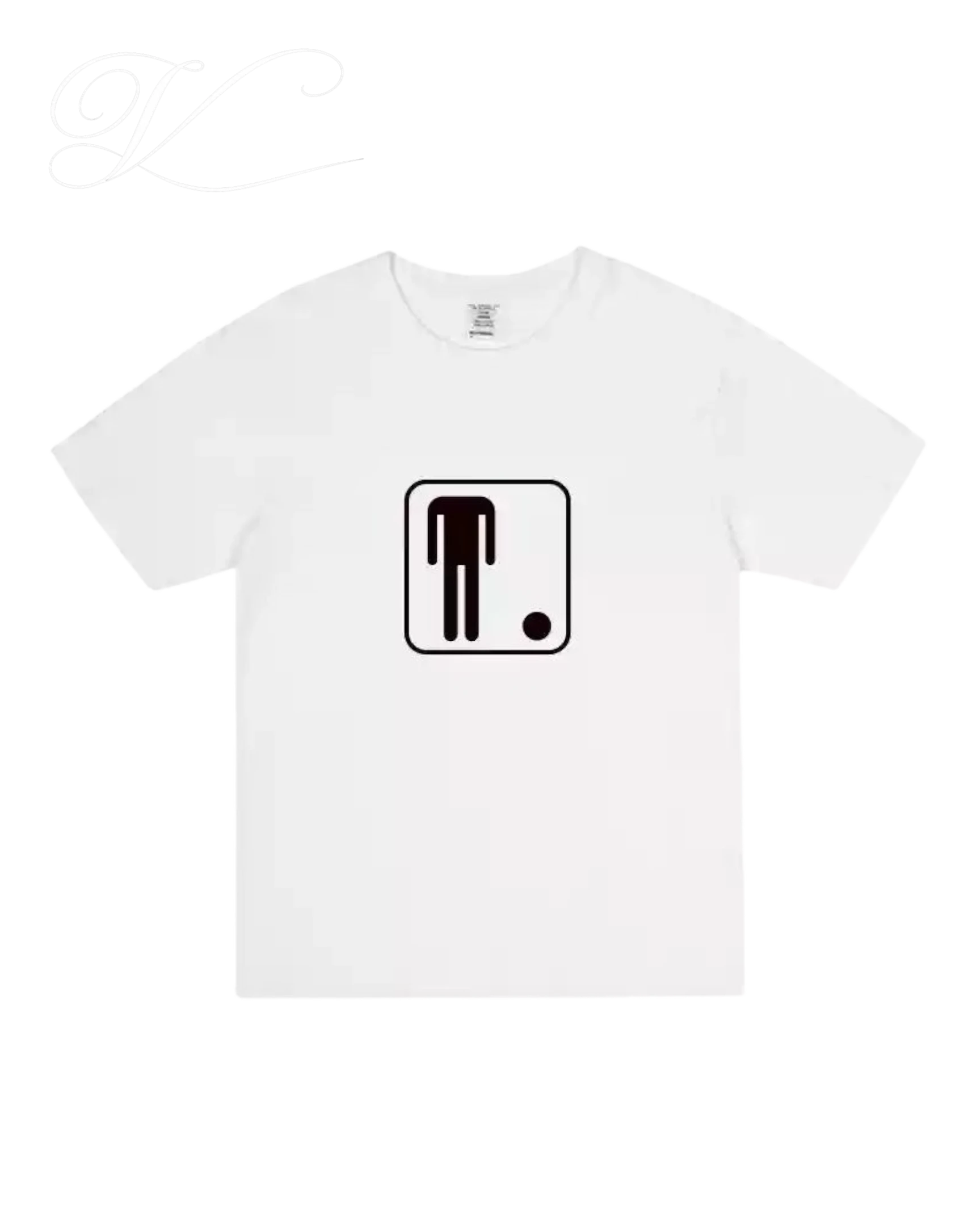 Vicious white short-sleeved unisex t-shirt with a black graphic of a headless figure in a square frame