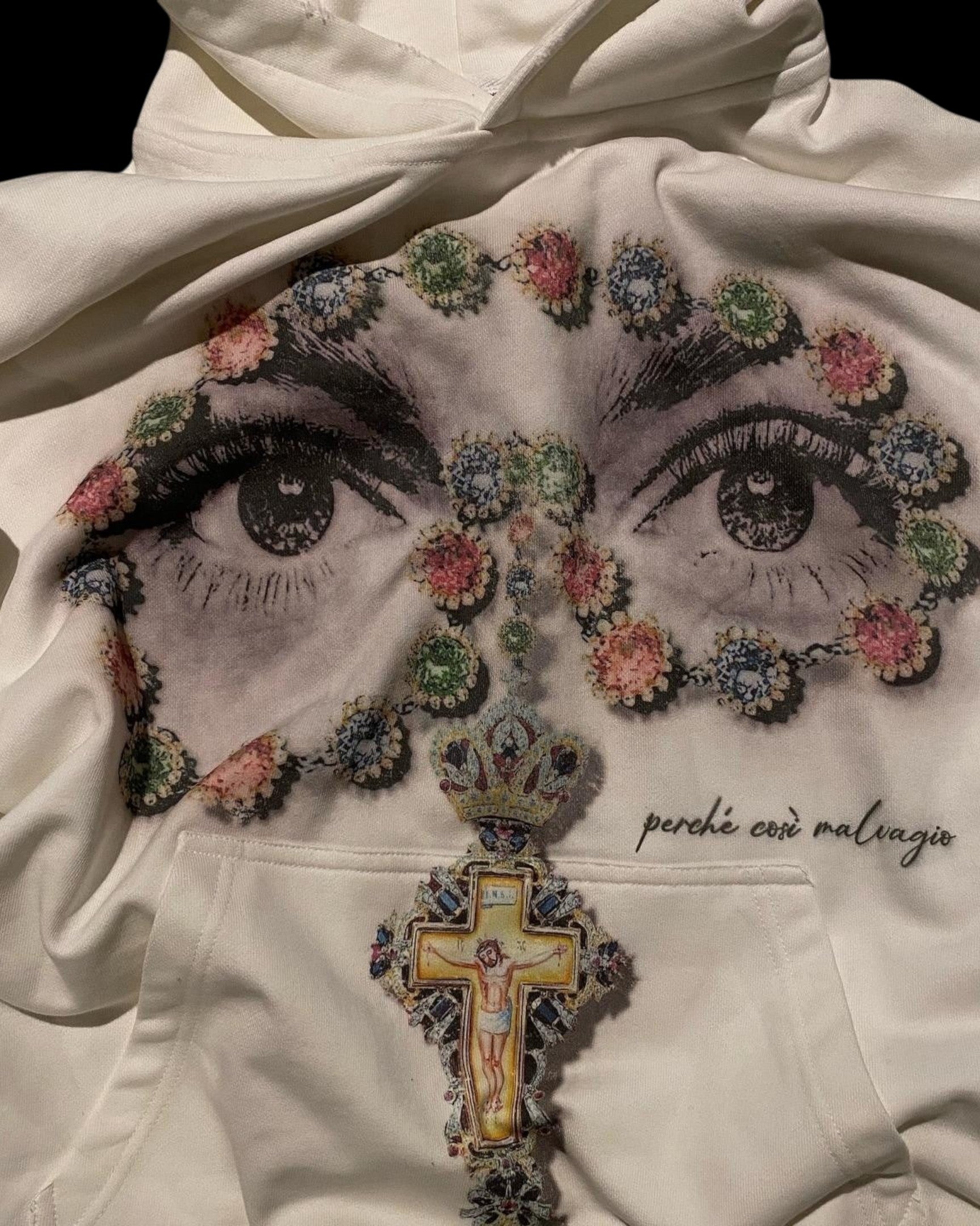 Vicious white hooded sweatshirt featuring a detailed graphic of eyes surrounded by colorful diamond cross patterns.