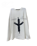 Vicious white long-sleeved T-shirt with a black rifle graphic and vintage-style script lettering in street style