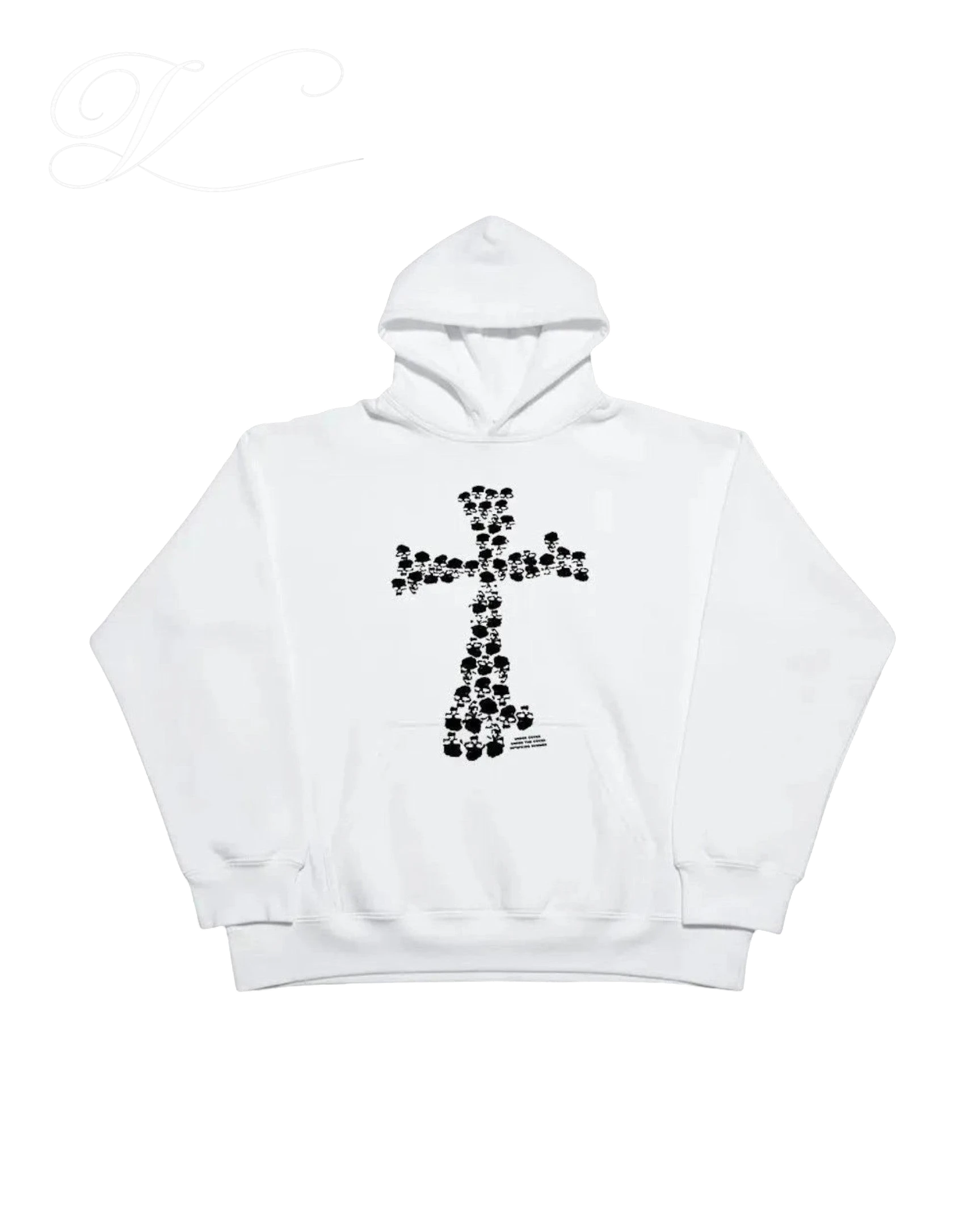 Vicious oversized white fleece hoodie featuring a black skull cross graphic print and a front kangaroo pocket.