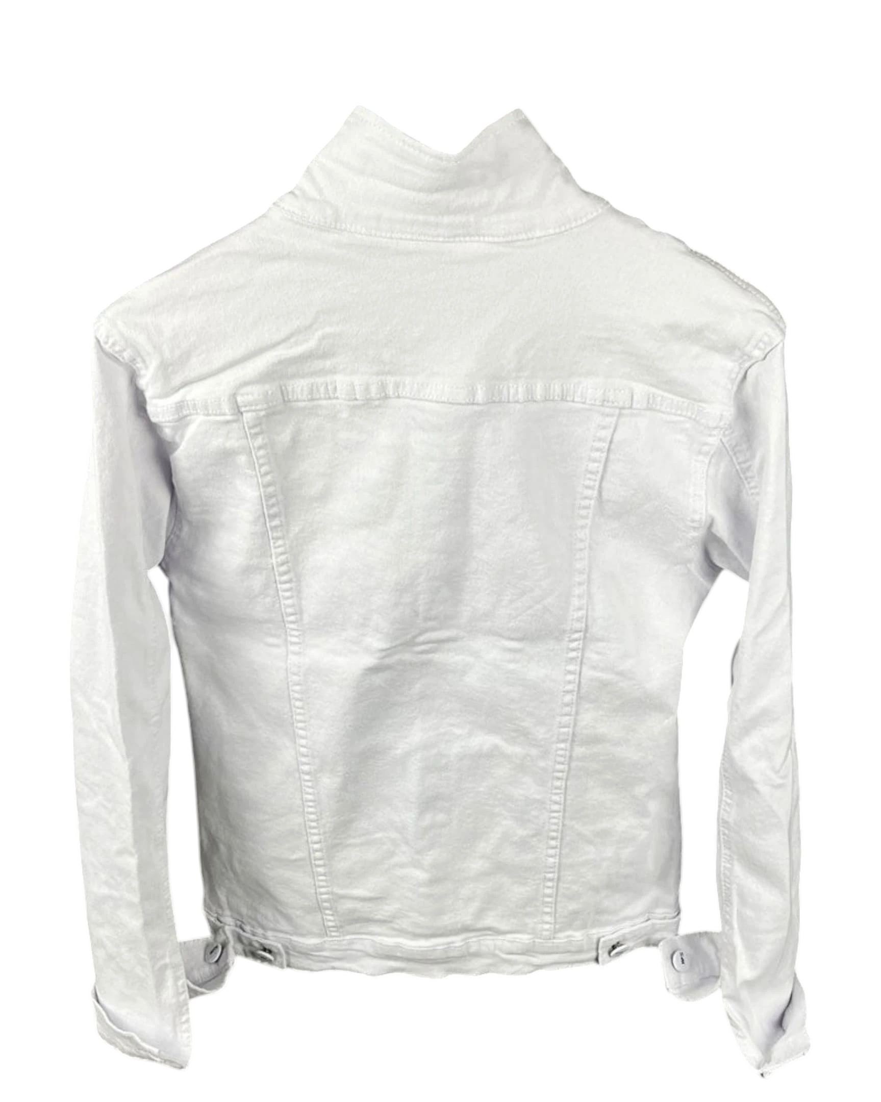 Vicious white slim fit denim jacket with distressed details, back view showing structured seams and collar.