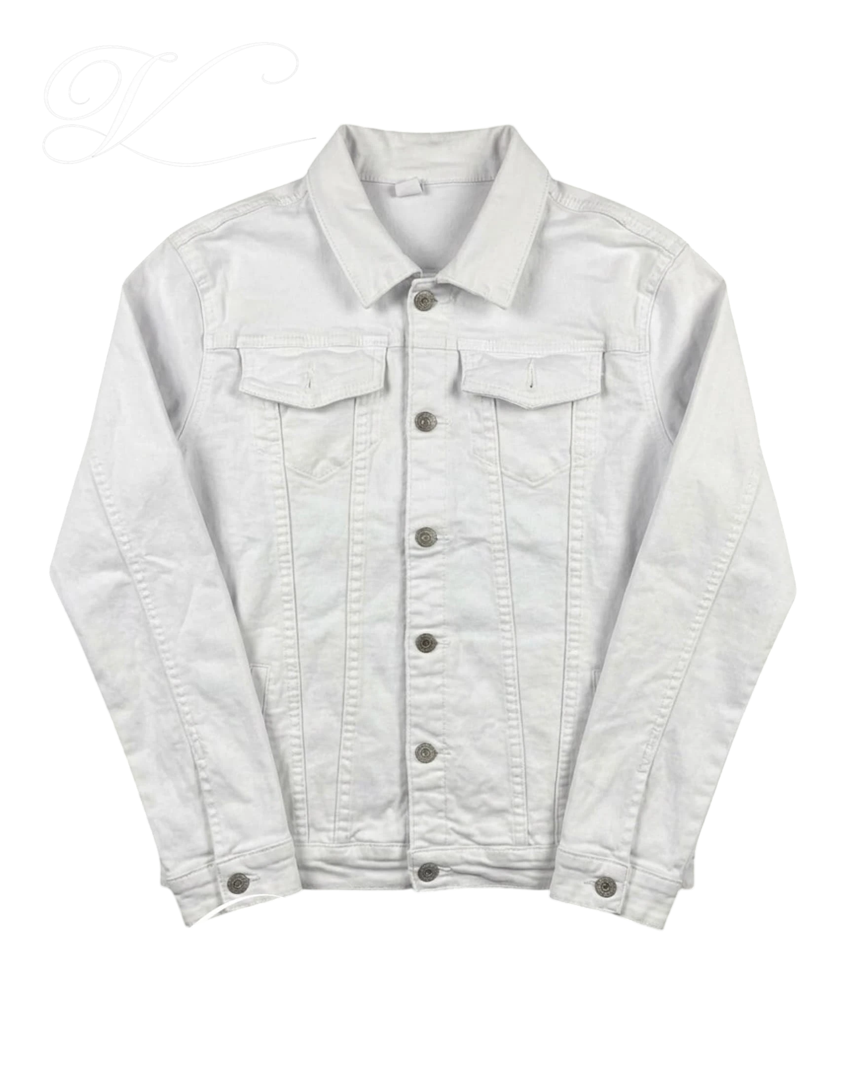 Vicious white slim fit denim jacket with long sleeves, button-up front, and distressed detailing.