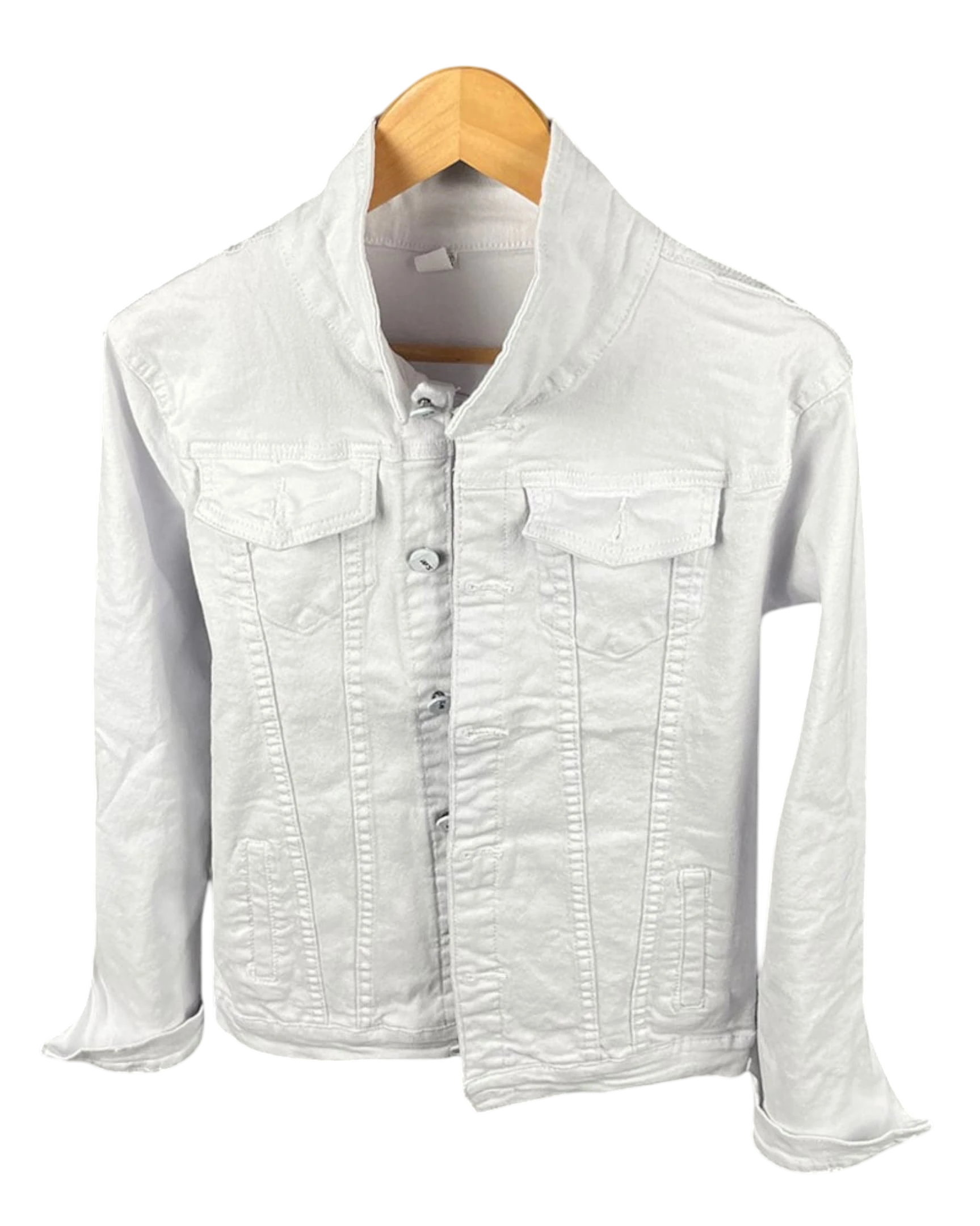 Vicious white slim fit denim jacket with distressed details, button-up front, and chest pockets on a wooden hanger.