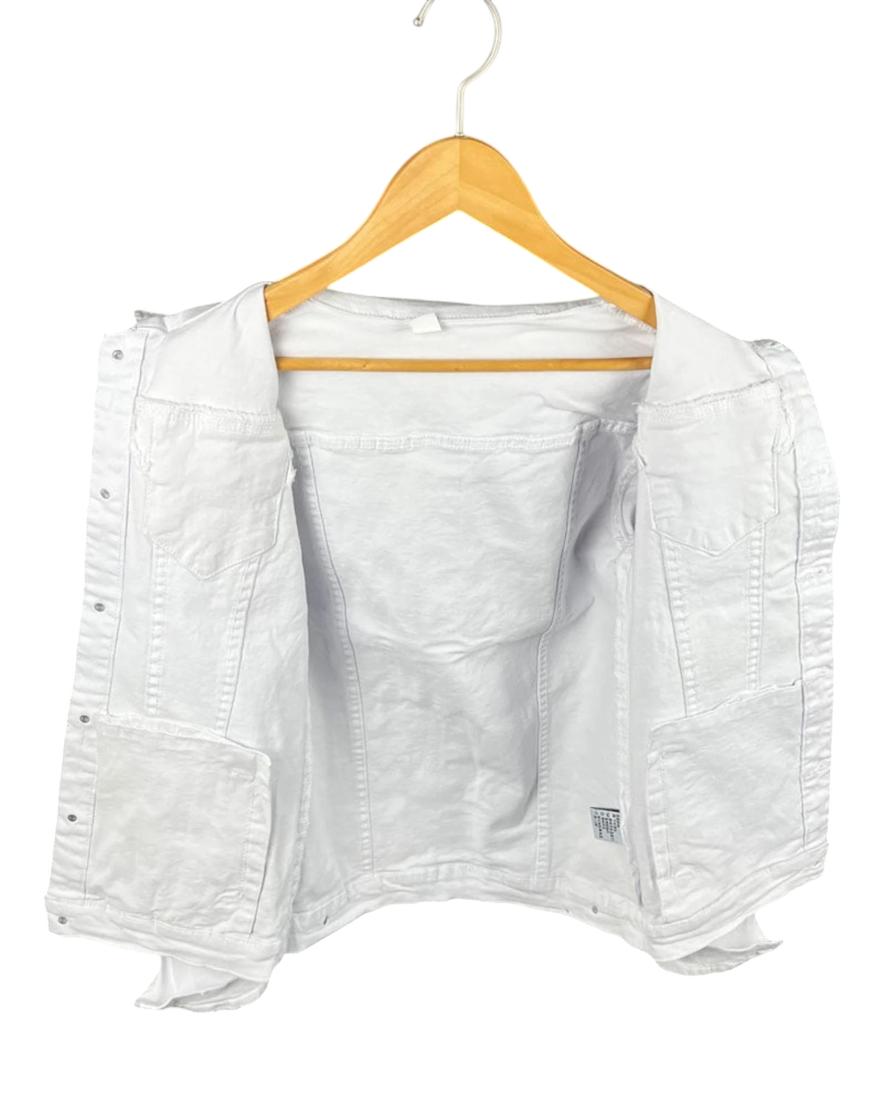 Vicious white slim fit denim jacket with distressed details hanging on a wooden hanger against a white background.