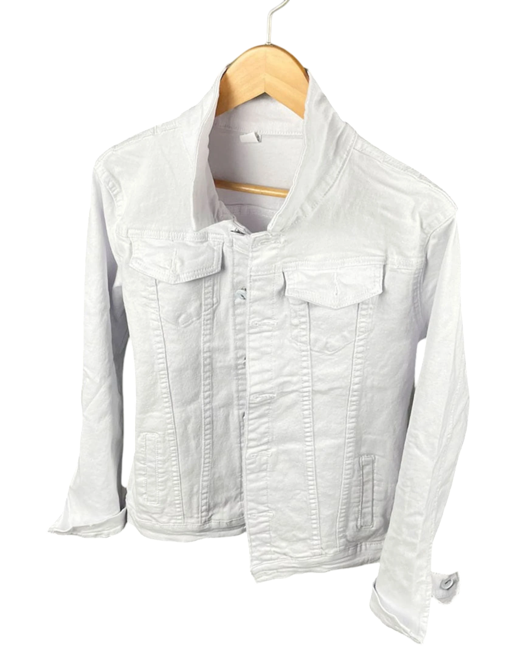 Vicious white slim fit denim jacket with distressed details, long sleeves, and a classic collar on a wooden hanger.