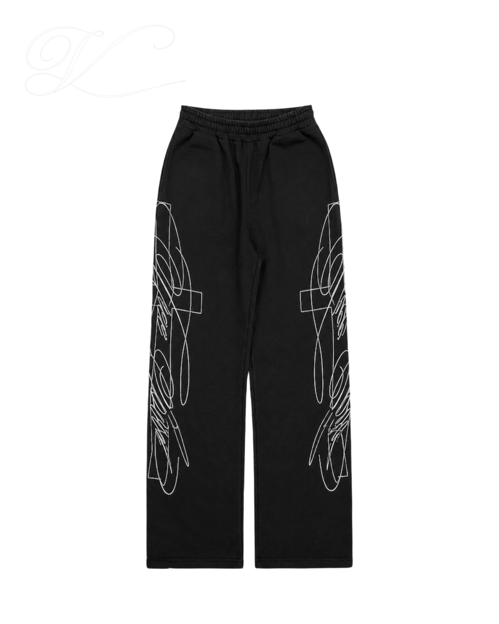 Vicious Wireframe Baggy Sweatpants in black cotton blend with white linear graphic print and elastic waistband.
