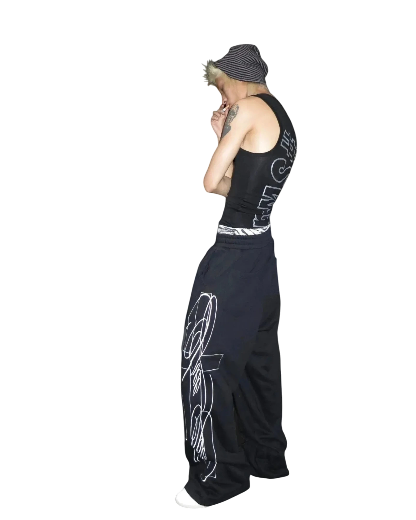 Vicious Wireframe Baggy Sweatpants in black cotton blend with white graphic print and elastic waistband