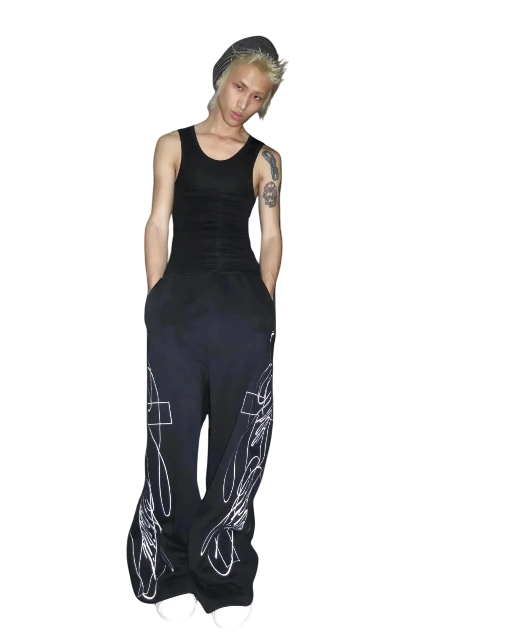Vicious Wireframe Baggy Sweatpants in black with white graphic print, featuring an oversized fit and elastic waist.
