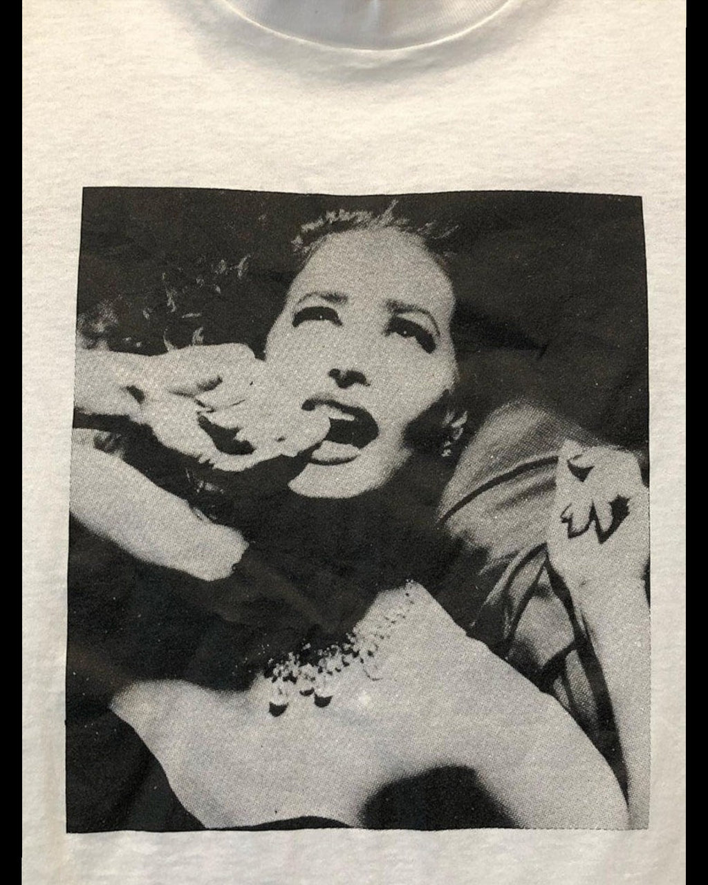 Vicious You Make Me Weak white cotton t-shirt featuring a black and white vintage style photographic front print
